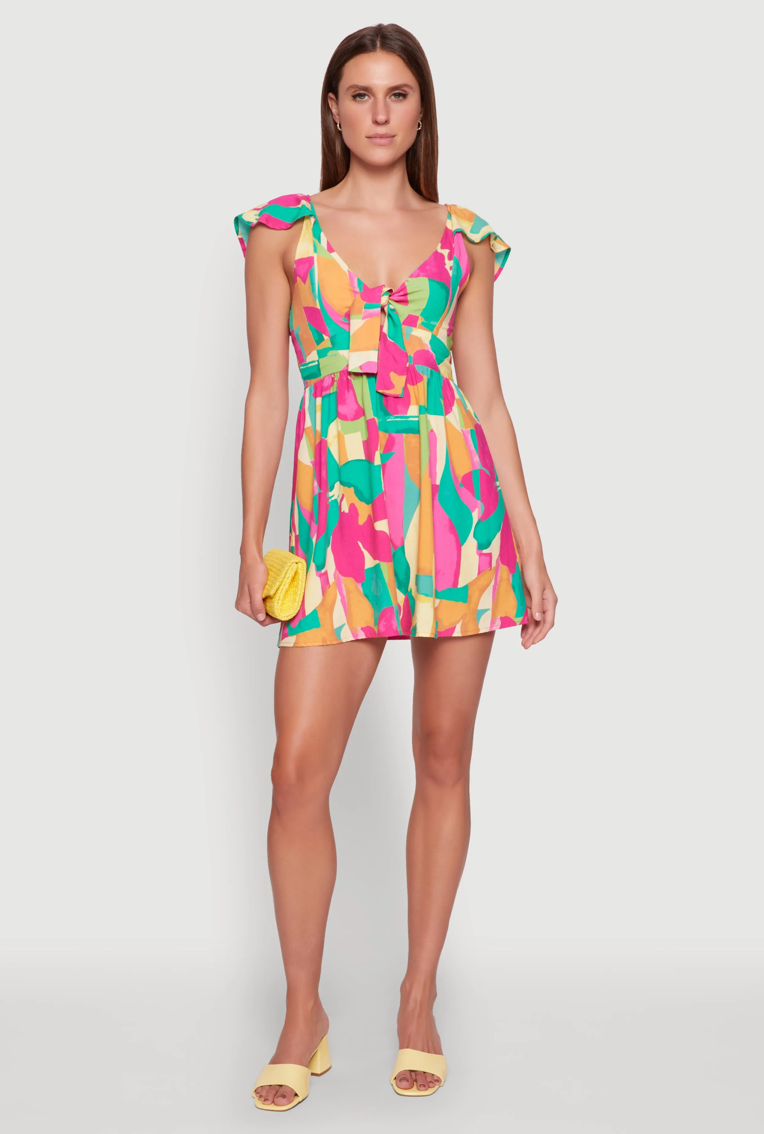 Trendy Tie Front V-Neck Sundress with Flutter Cap Sleeves Vibrant Light Elegant Style
