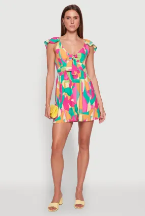 Trendy Tie Front V-Neck Sundress with Flutter Cap Sleeves Vibrant Light Elegant Style