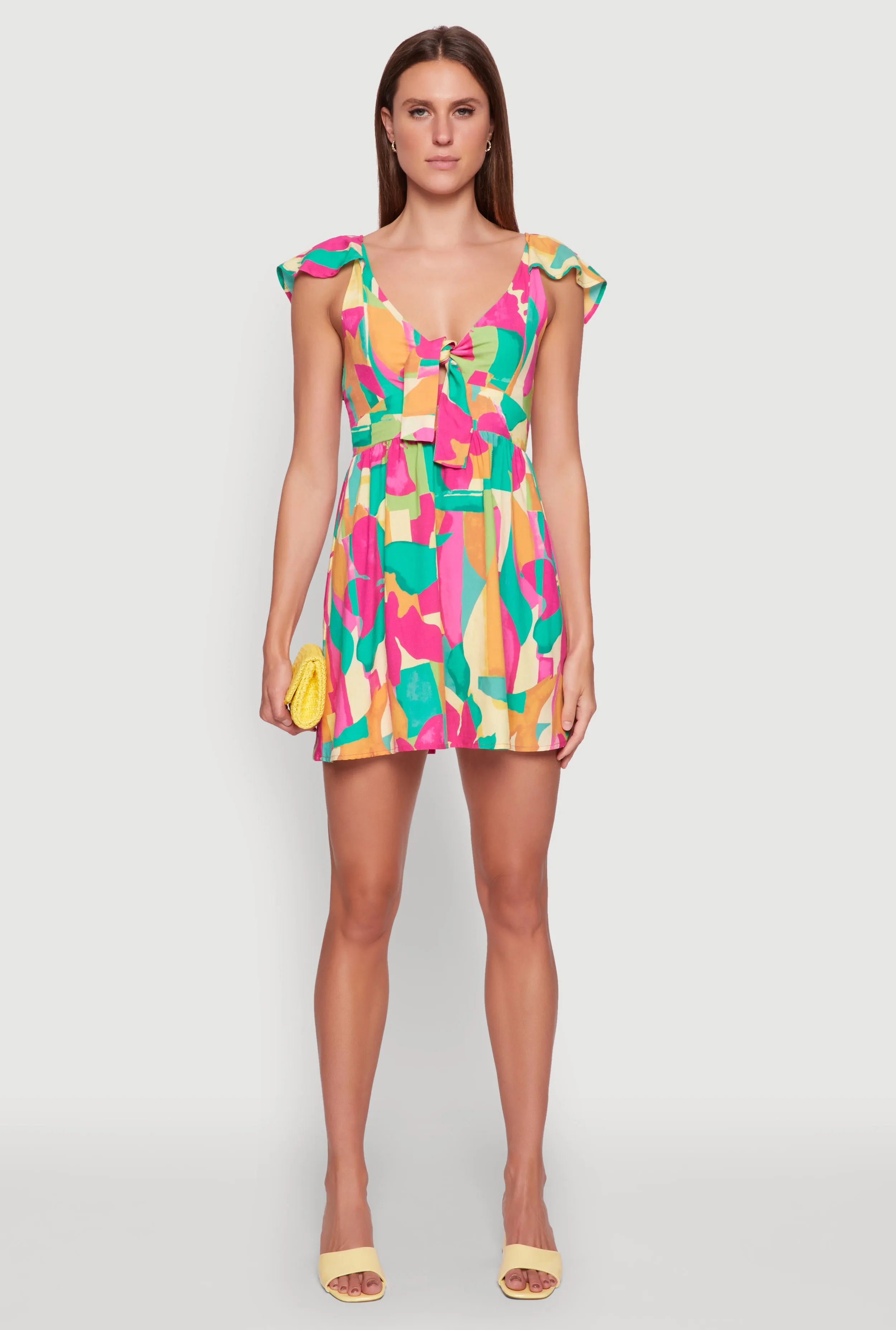 Trendy Tie Front V-Neck Sundress with Flutter Cap Sleeves Comfy and Cozy