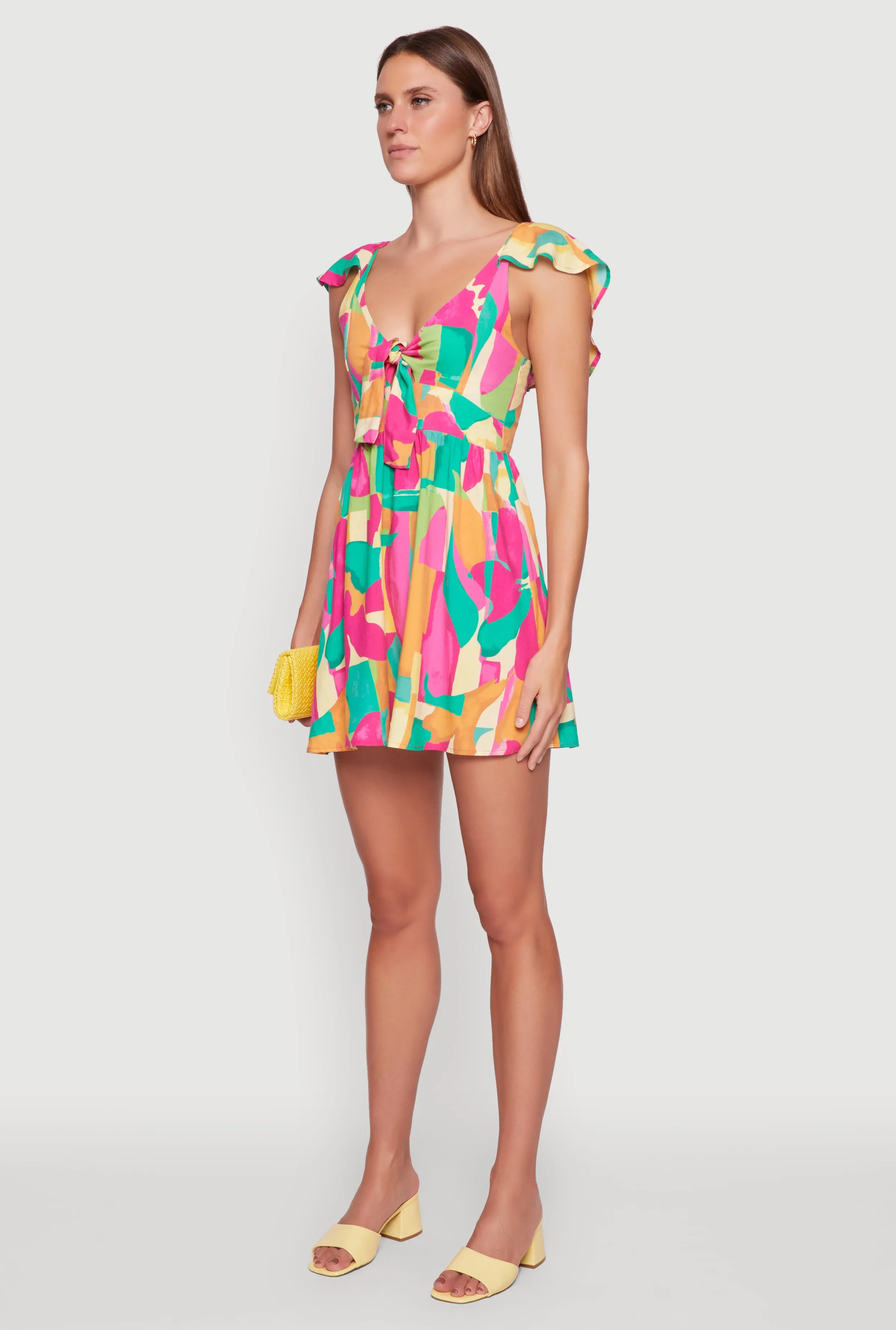 All-Season Comfort Smooth Fit Trendy Tie Front V-Neck Sundress with Flutter Cap Sleeves