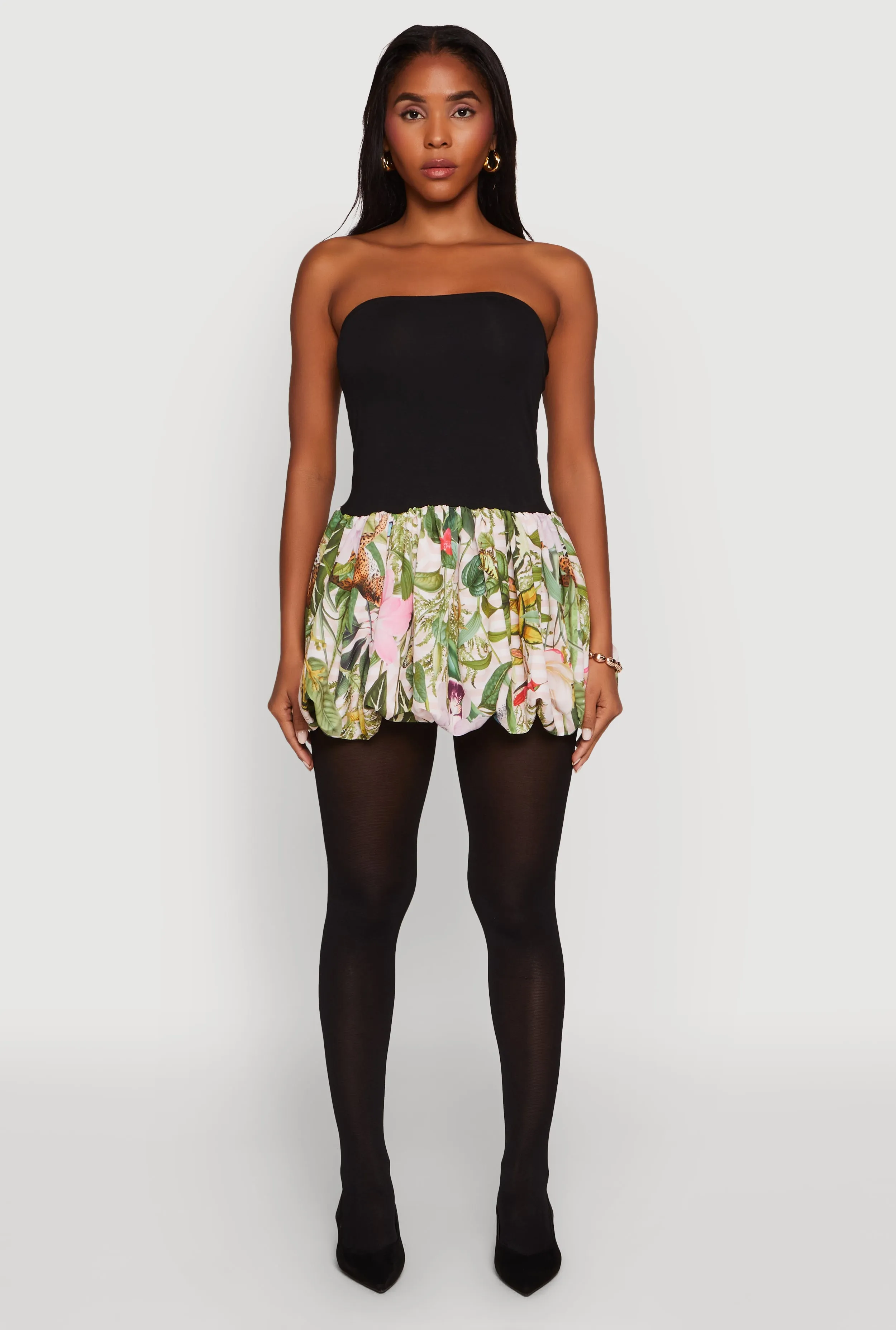 and Effortless fit dress. Strapless Floral Print Bubble Hem Dress