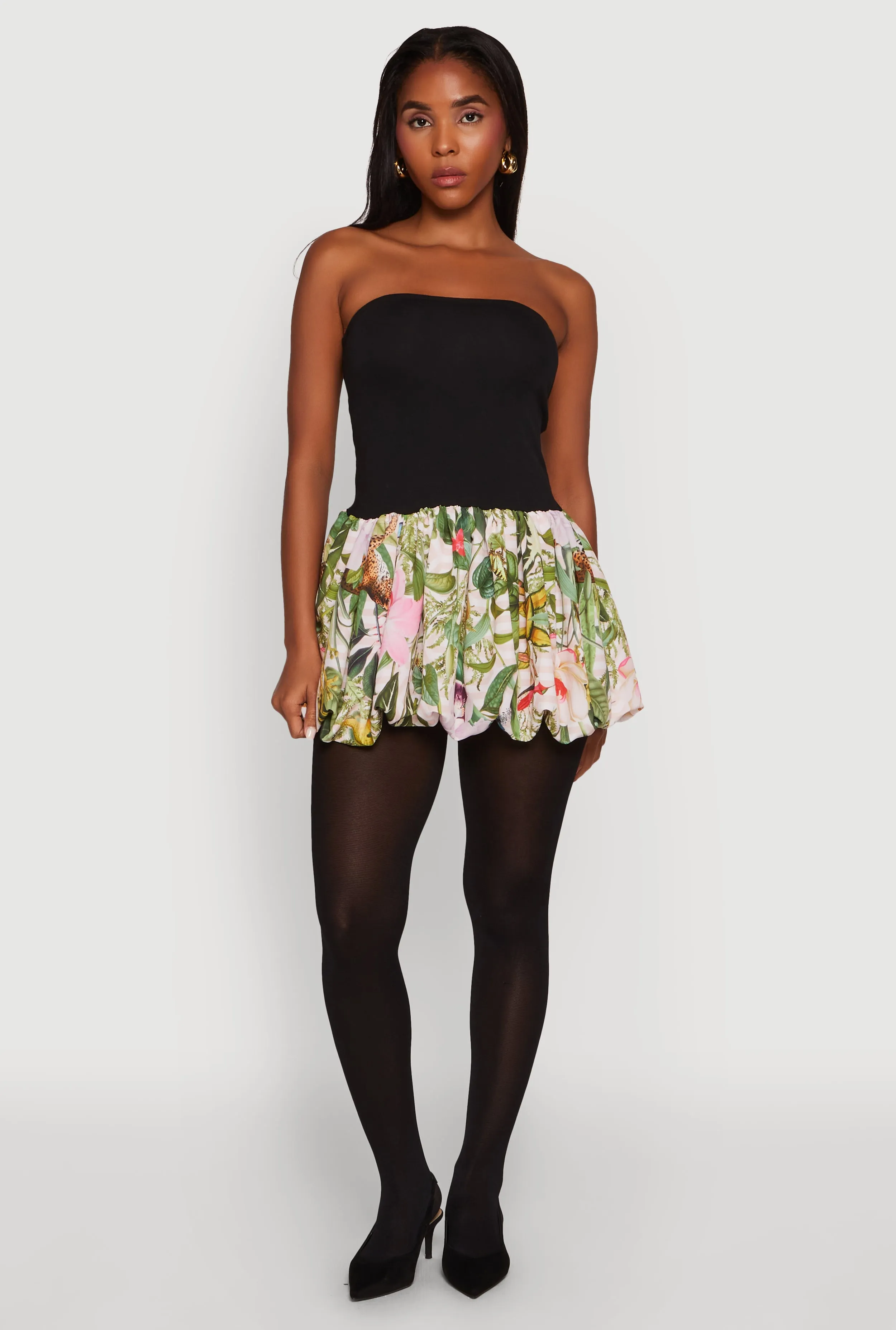 Flowing Layers Pure Fit Strapless Floral Print Bubble Hem Dress