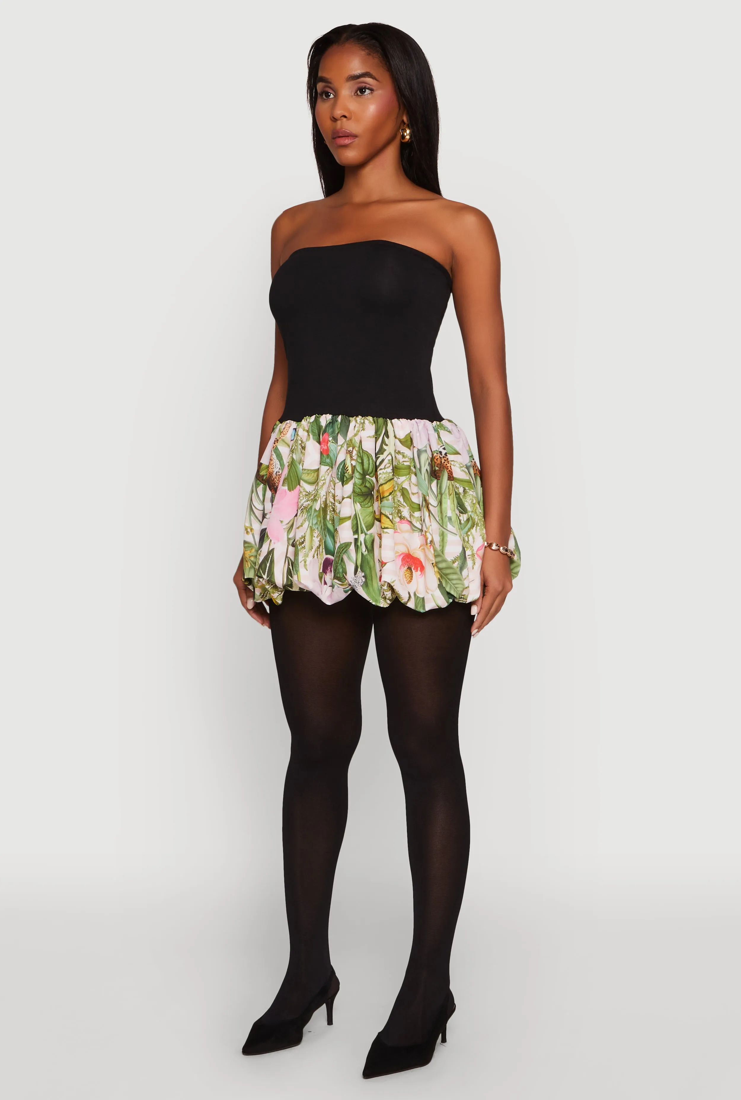 Art Soul Flare Breeze Strapless Floral Print Bubble Hem Dress