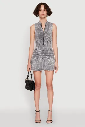 Acid Wash Zip Front Corset Mini Dress Layered Fabric