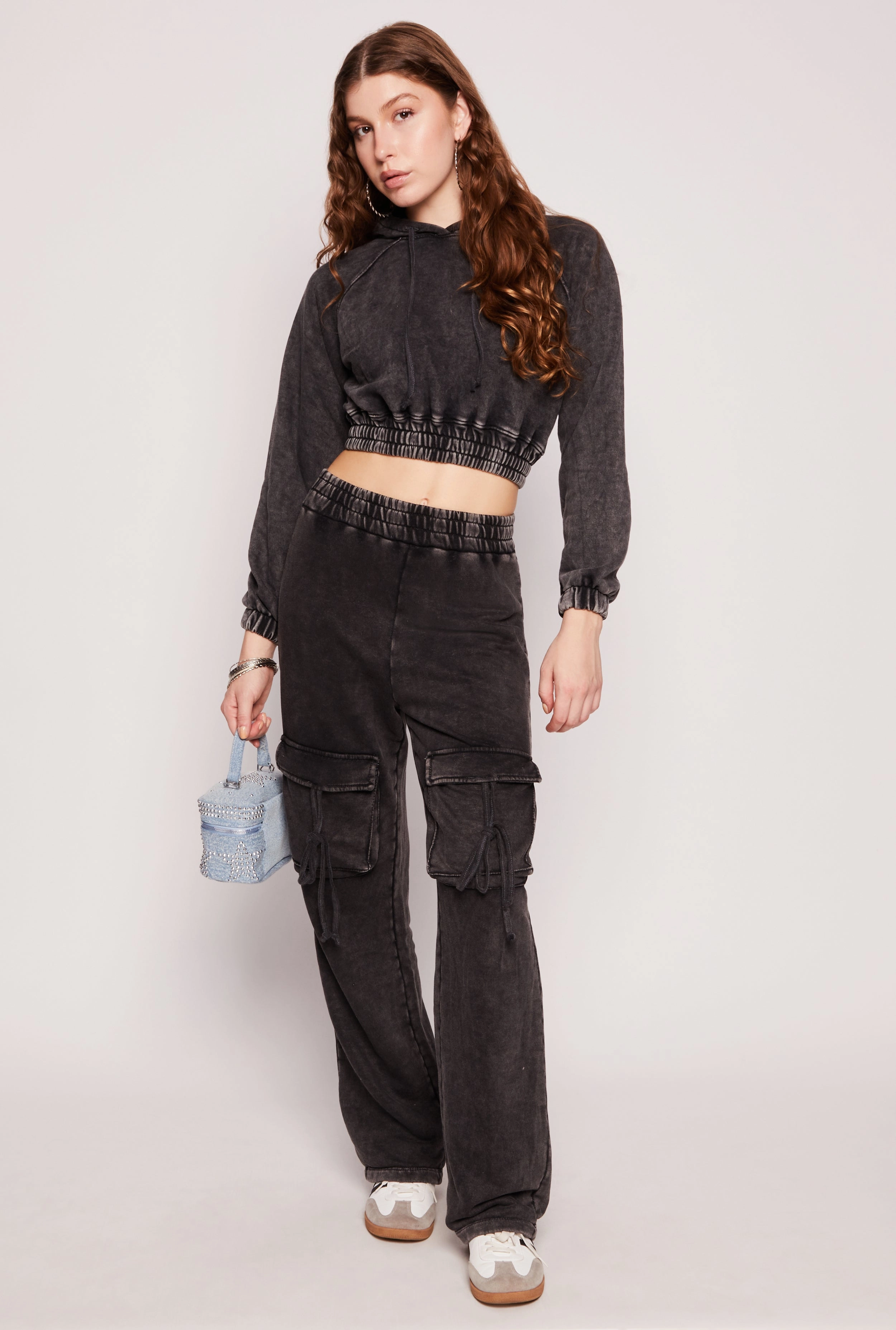Acid Wash Elastic Hem Cropped Hoodie Purse Rice