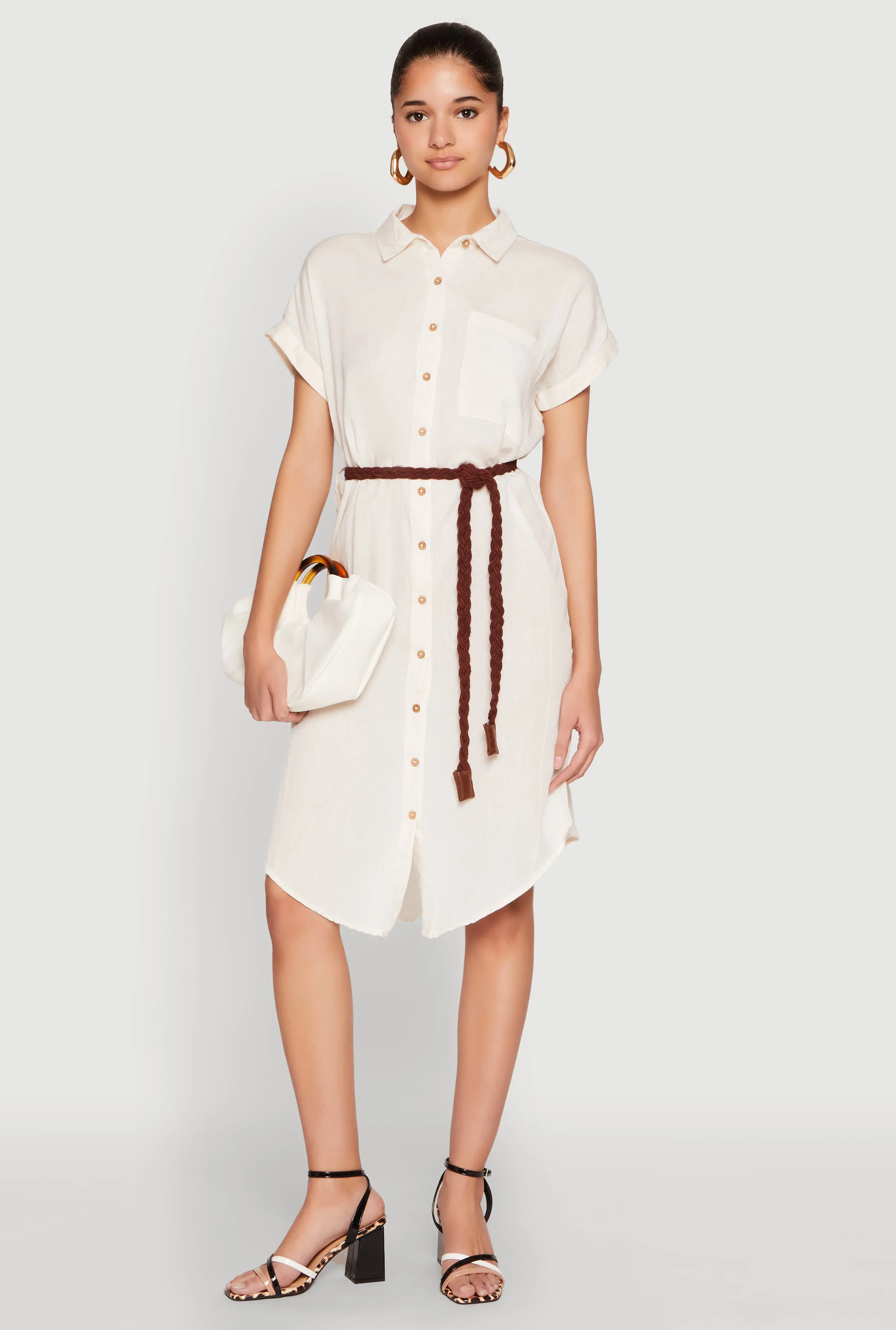 Modern Texture Linen Cap Sleeve Button Front Shirt Dress