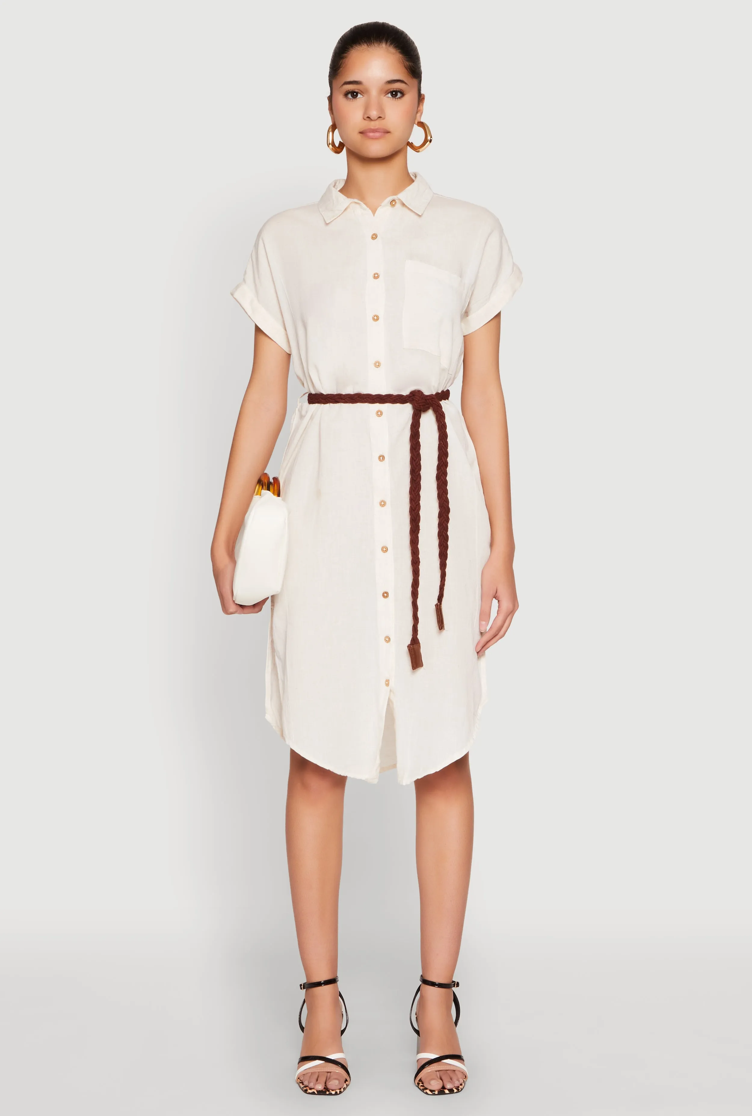 Linen Cap Sleeve Button Front Shirt Dress Flexible Layers