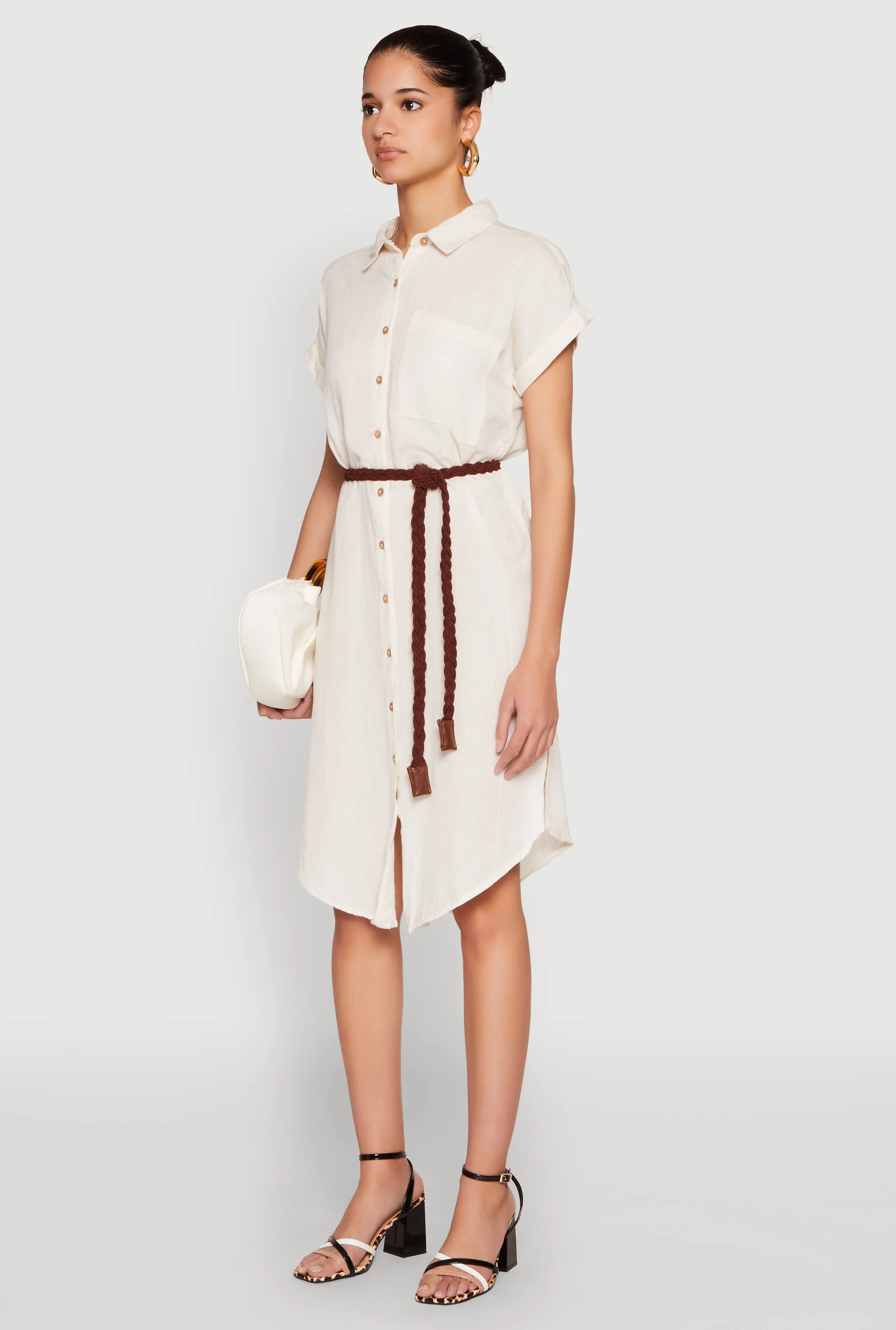 Versatile Layer Wear Delicate Finish Linen Cap Sleeve Button Front Shirt Dress