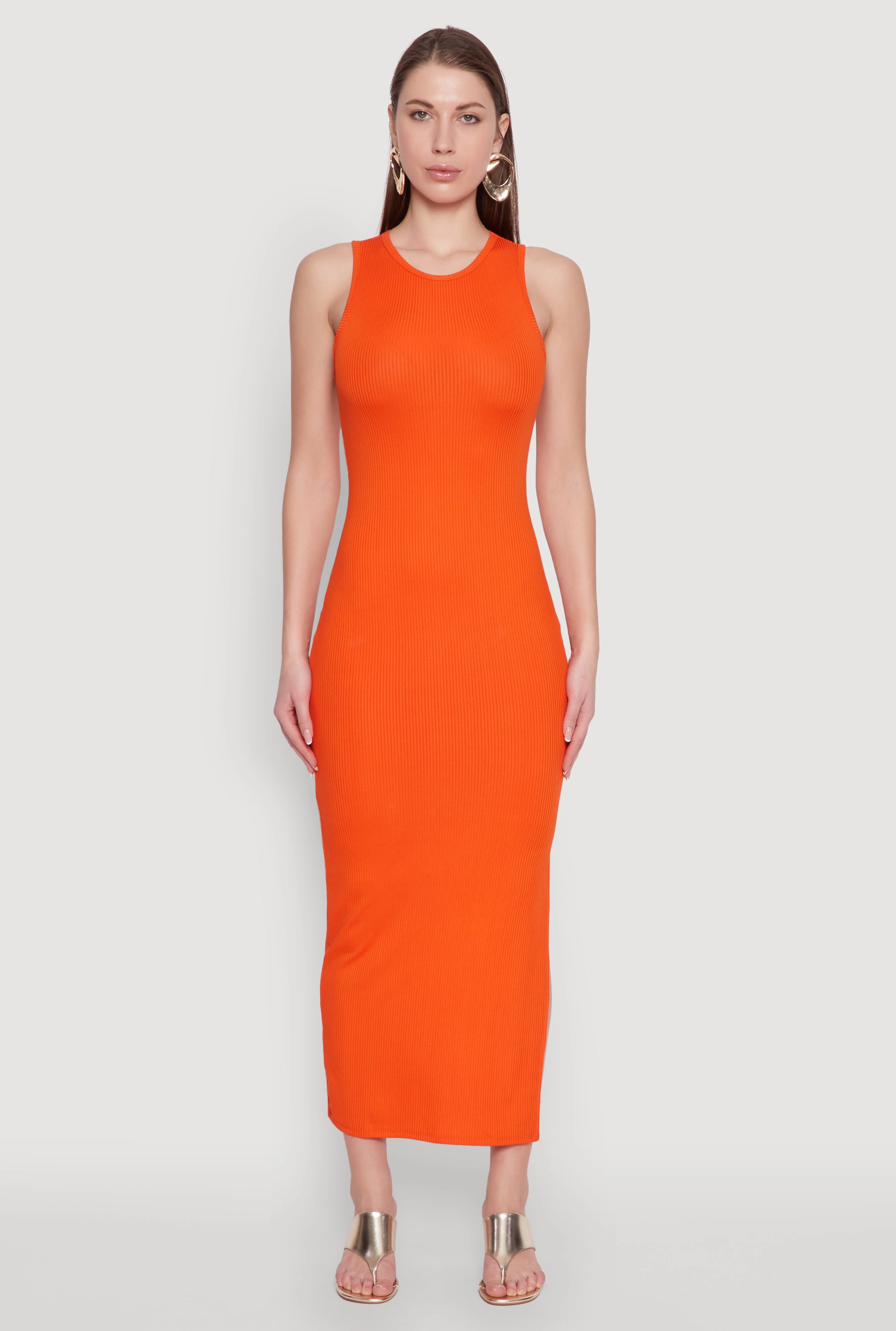 Fitted Style Crew Neck Rib Knit Side Slit Maxi Dress