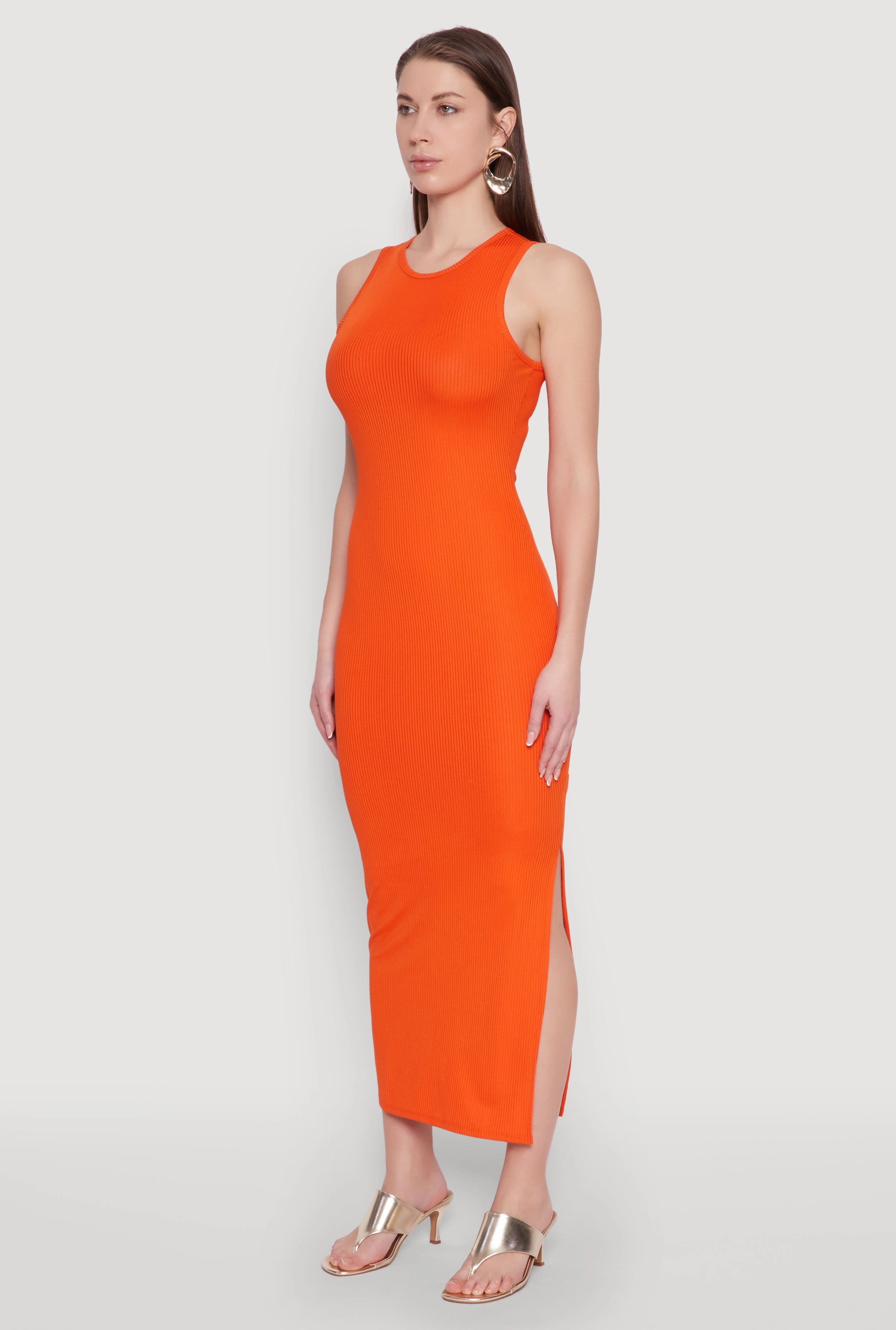 Button-Cuff Gift-Worthy Crew Neck Rib Knit Side Slit Maxi Dress