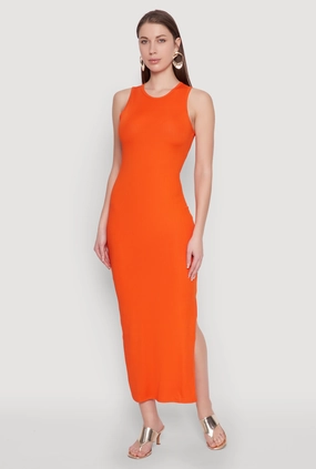 All-Purpose Comfort Smooth Tone Crew Neck Rib Knit Side Slit Maxi Dress