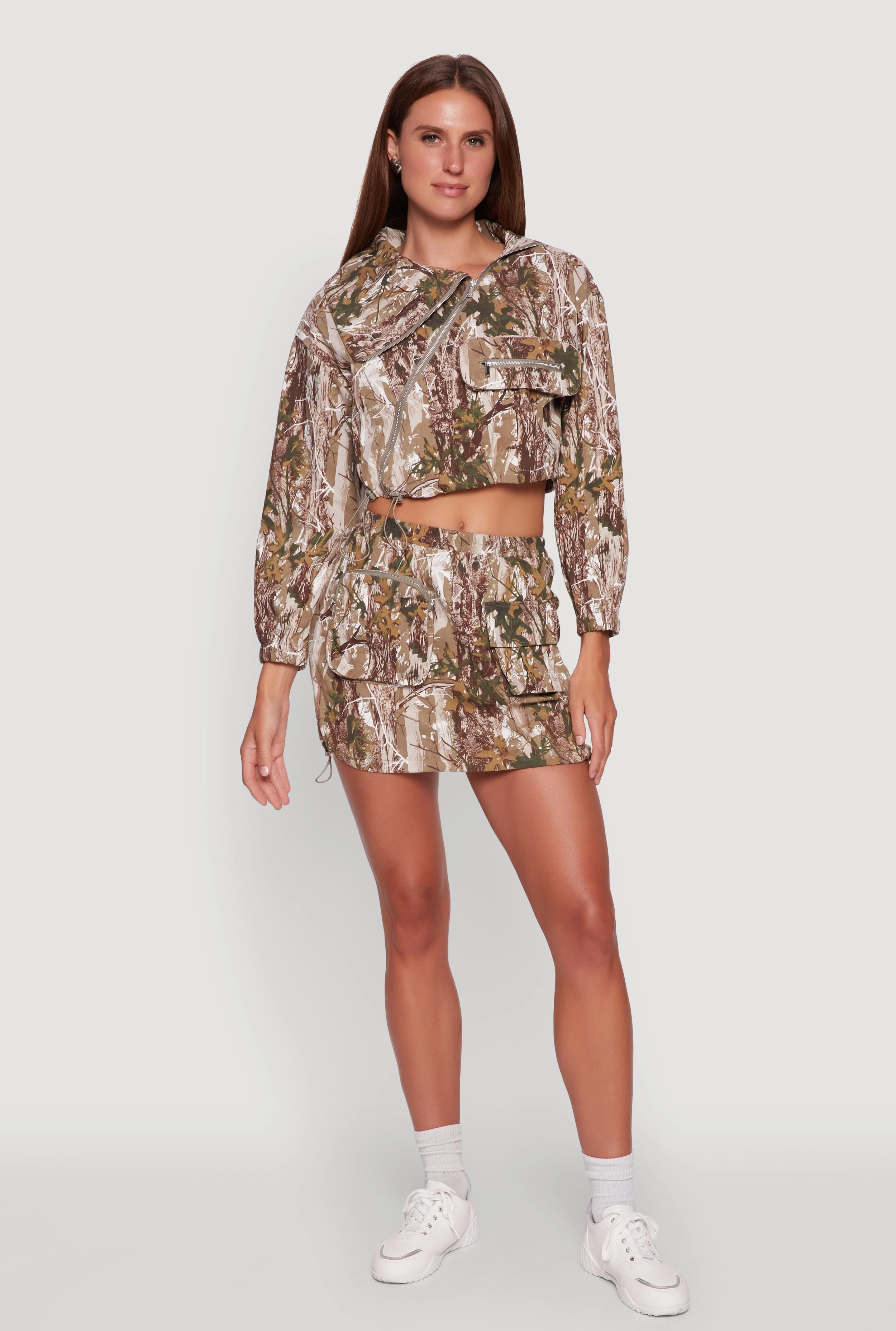 Pattern Print Cold Ready Look Hunter Camo Drawstring Hem Zip Neck Cropped Jacket