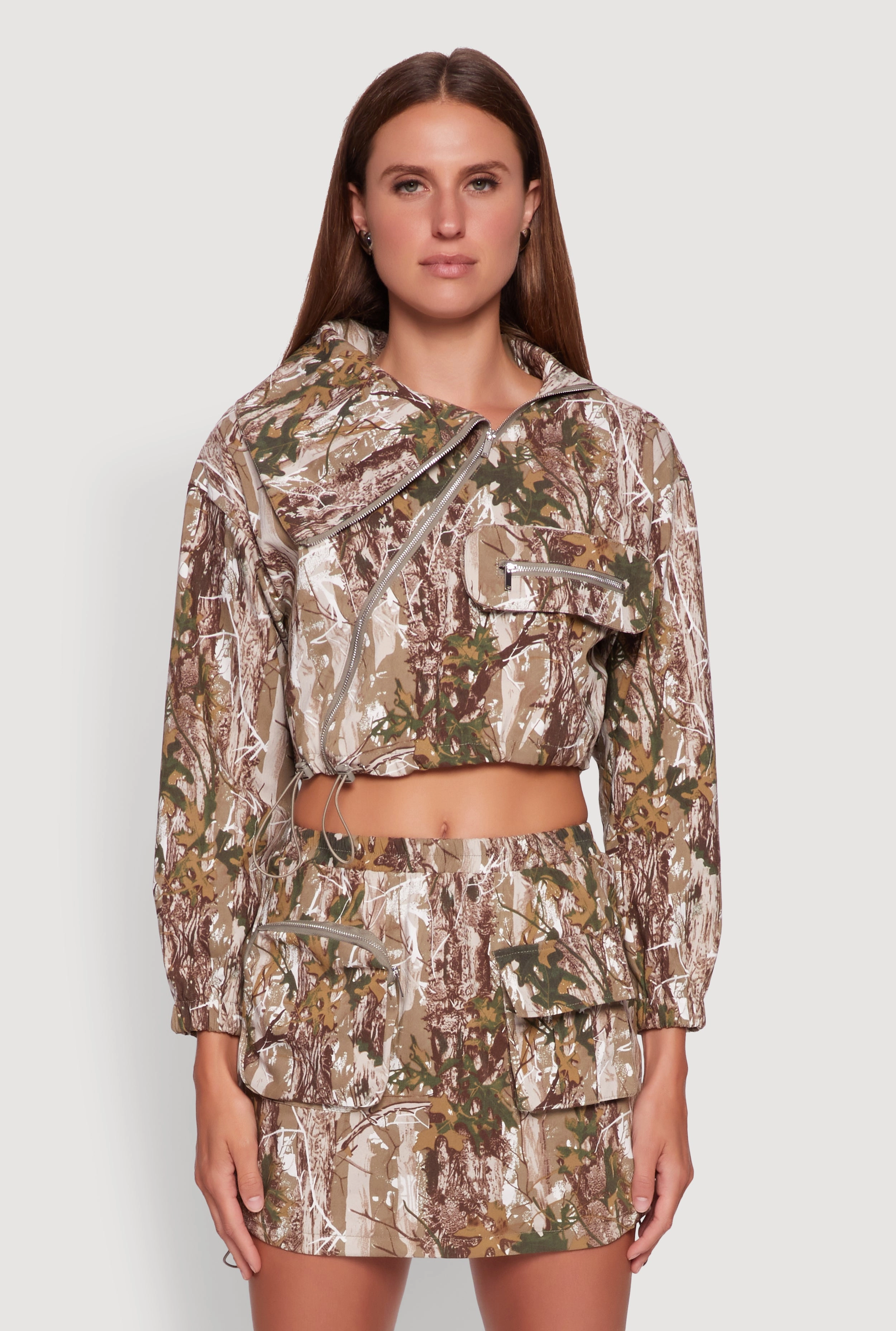 Sustainable Material Hunter Camo Drawstring Hem Zip Neck Cropped Jacket