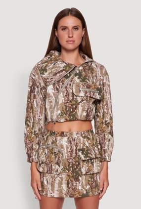 Sustainable Material Hunter Camo Drawstring Hem Zip Neck Cropped Jacket