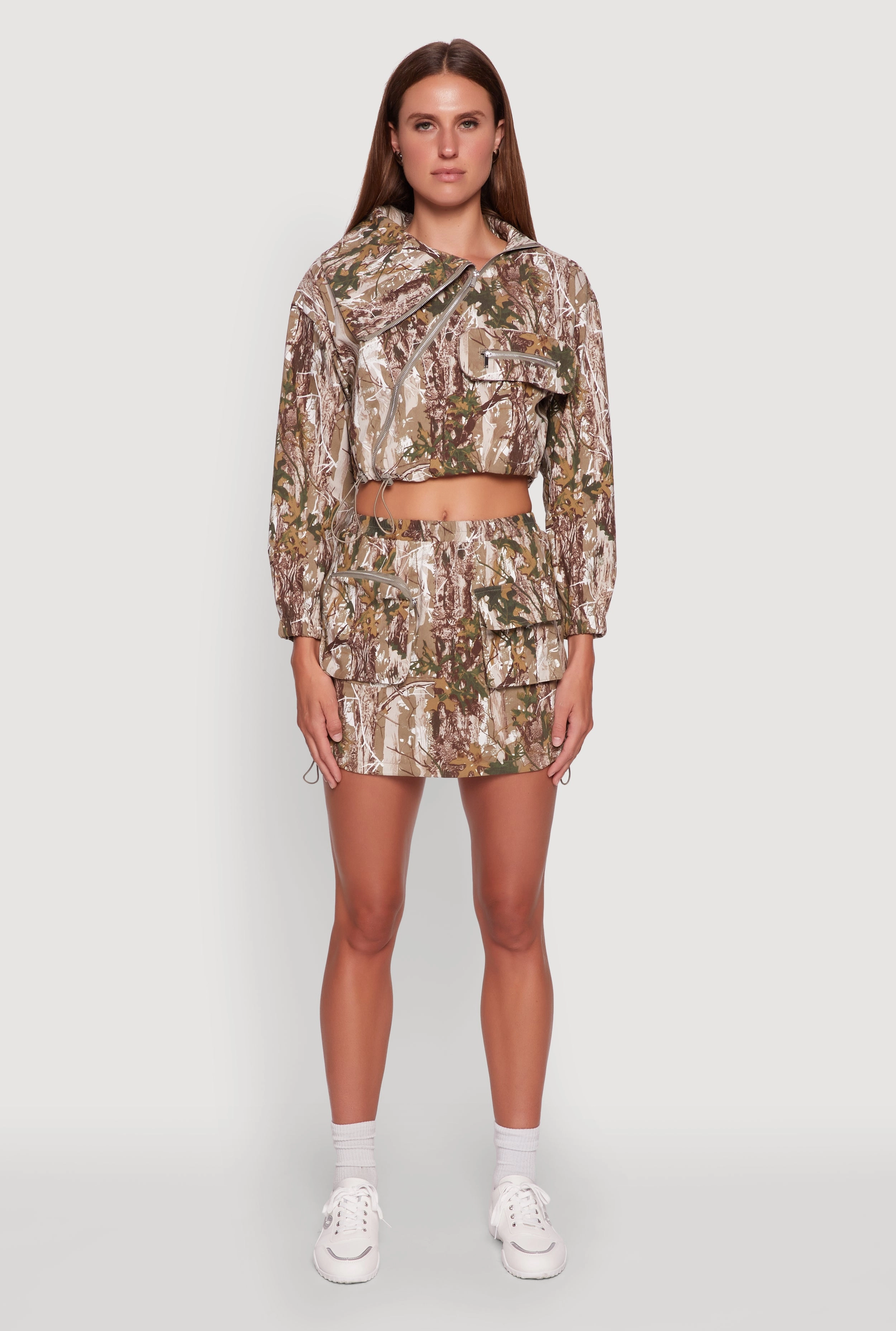 Hunter Camo Drawstring Hem Zip Neck Cropped Jacket Lightweight Design