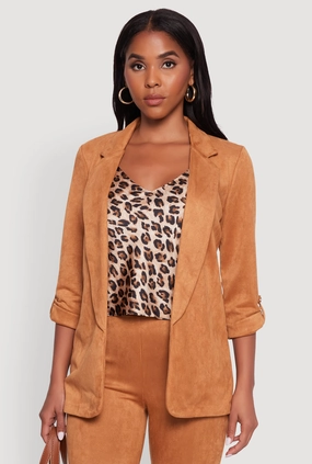 Eco Friendly Recycled Material Faux Suede Tabbed Sleeve Open Front Blazer