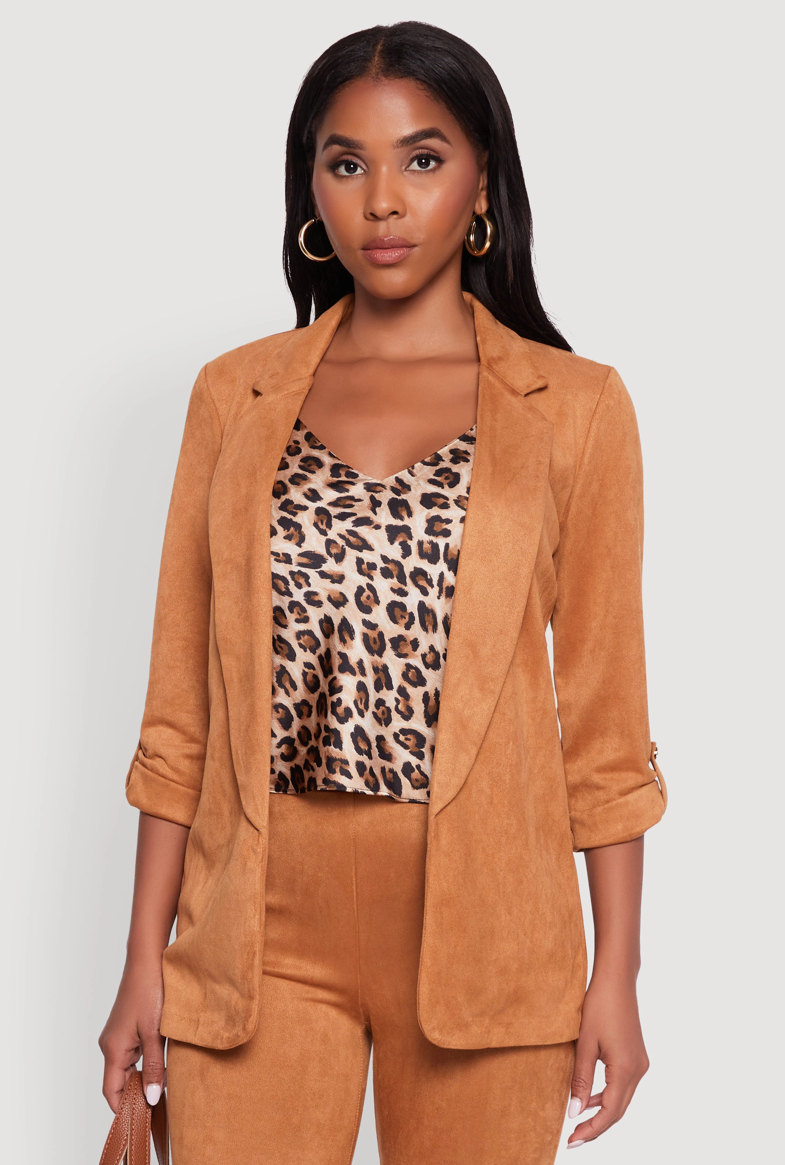 Eco Friendly Recycled Material Faux Suede Tabbed Sleeve Open Front Blazer