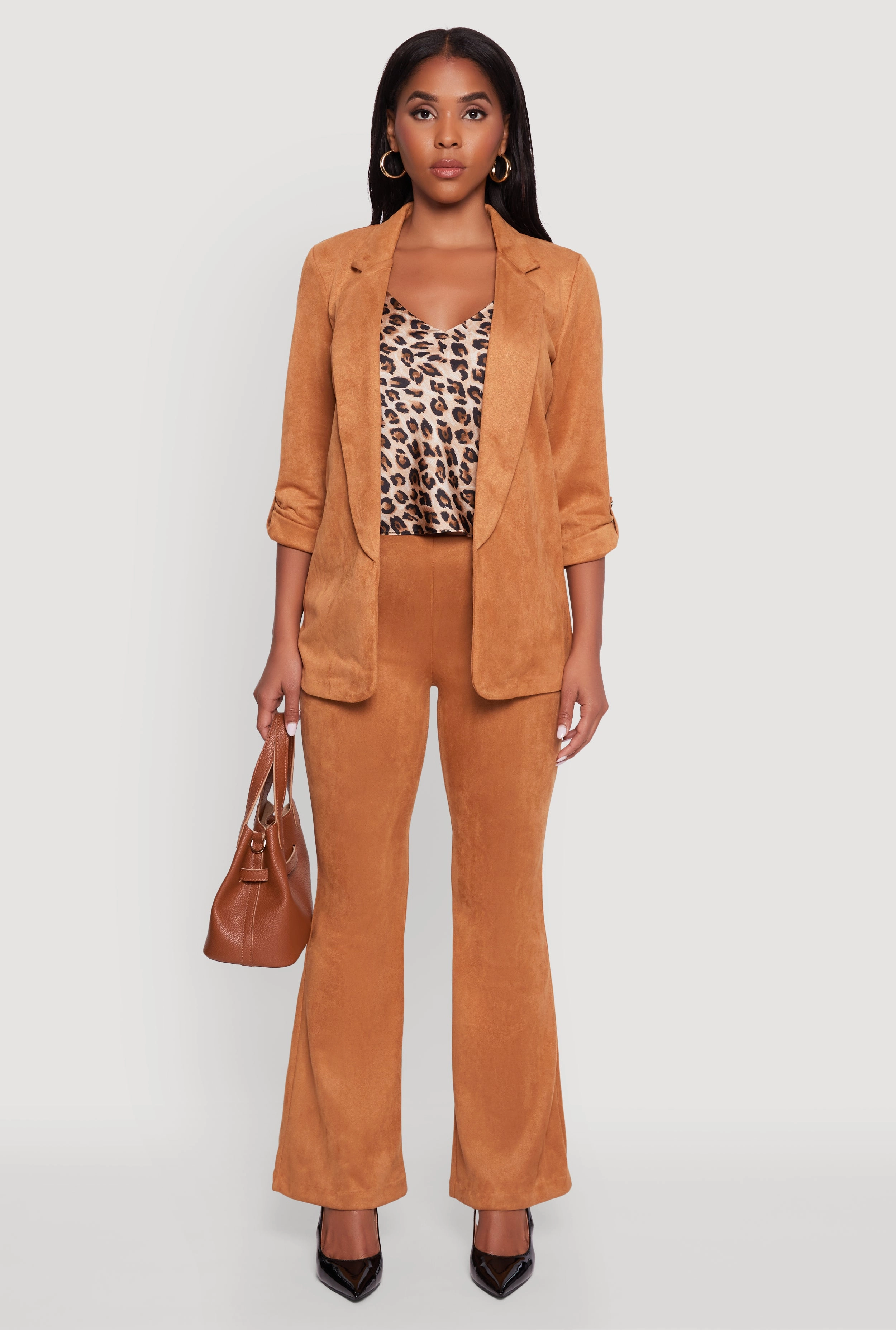 Hidden Pocket System Sun Protection Fabric Faux Suede Tabbed Sleeve Open Front Blazer