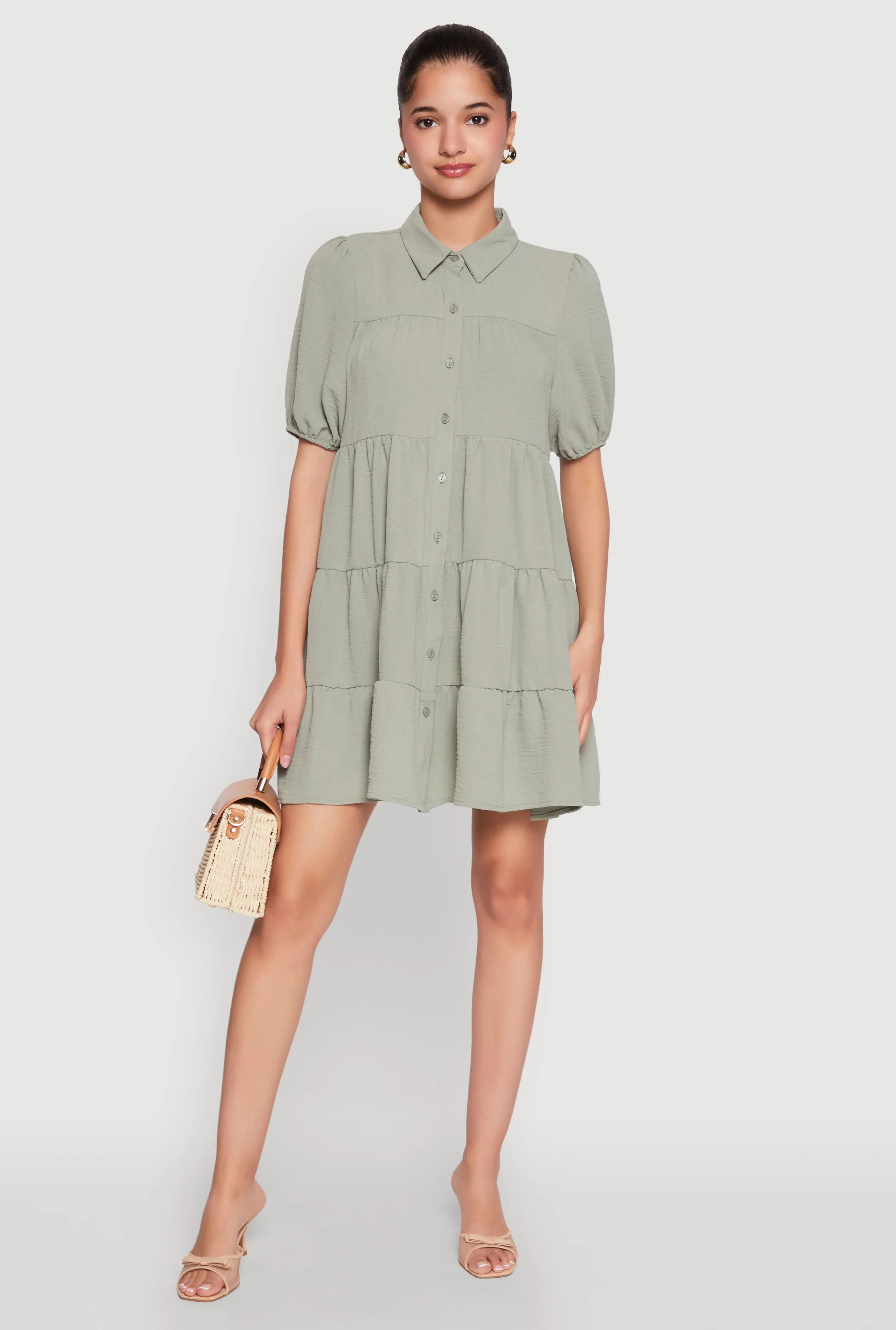 Airy Button Front Tiered Mini Dress Easy Going Classic structured dress