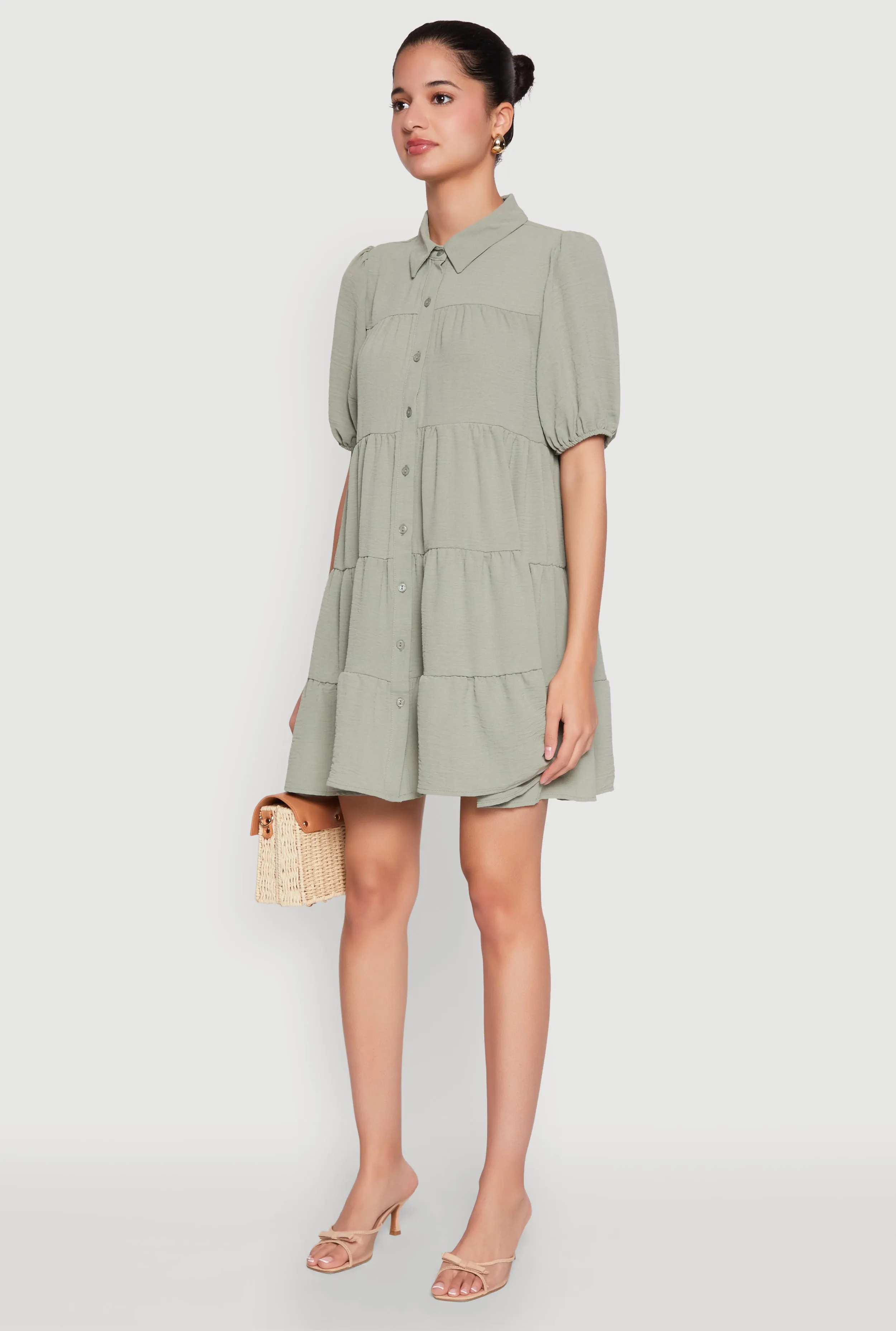 Flexible Fabric Guest Glam Airy Button Front Tiered Mini Dress