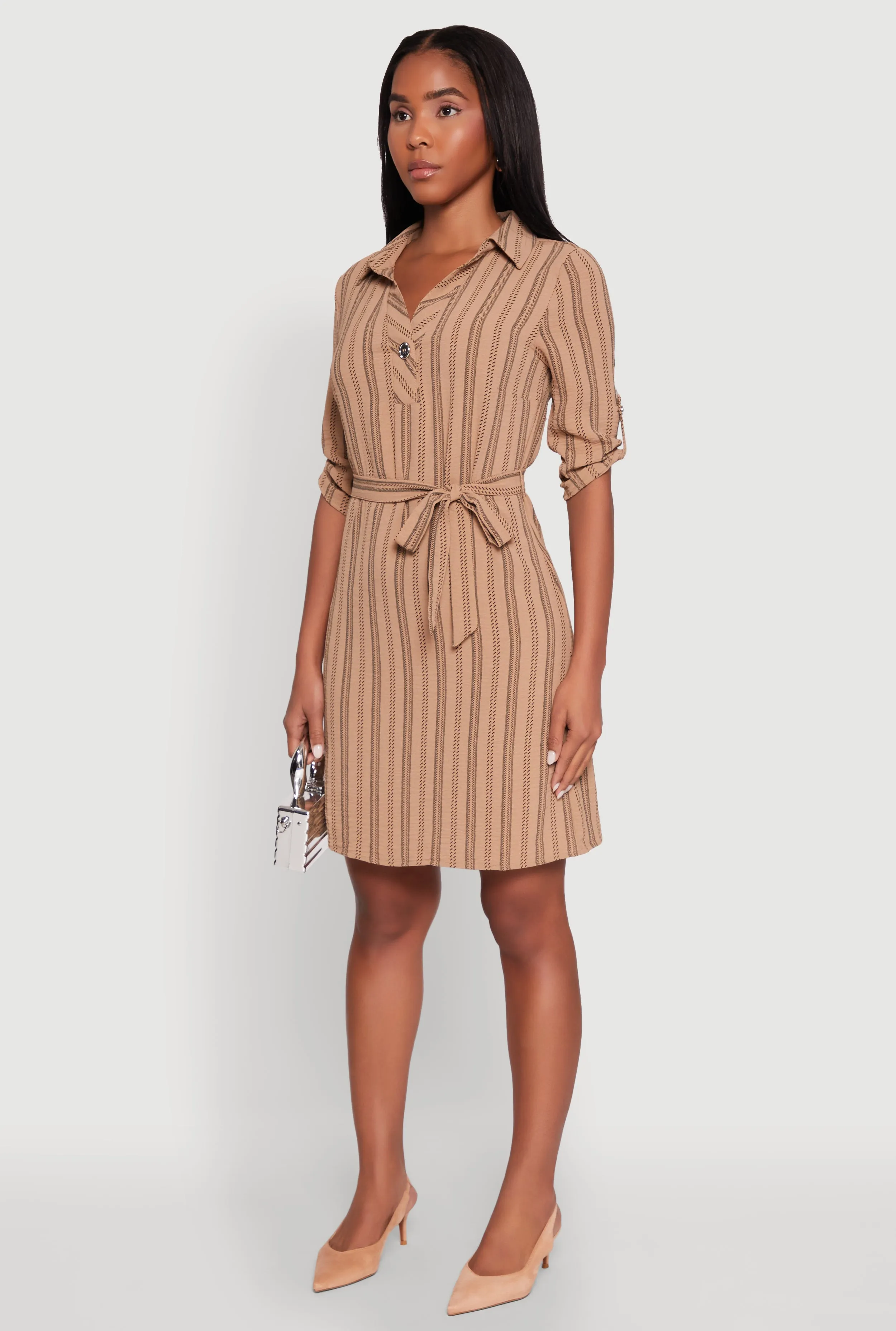 Beaded-Sleeve Airy Striped Tie Waist Mini Shirt Dress