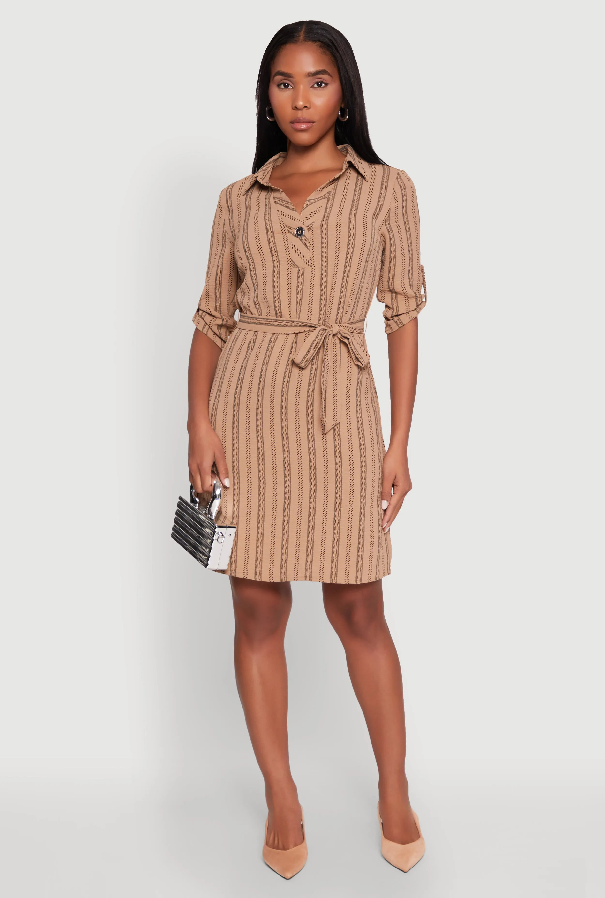 Airy Striped Tie Waist Mini Shirt Dress Side-Pocket
