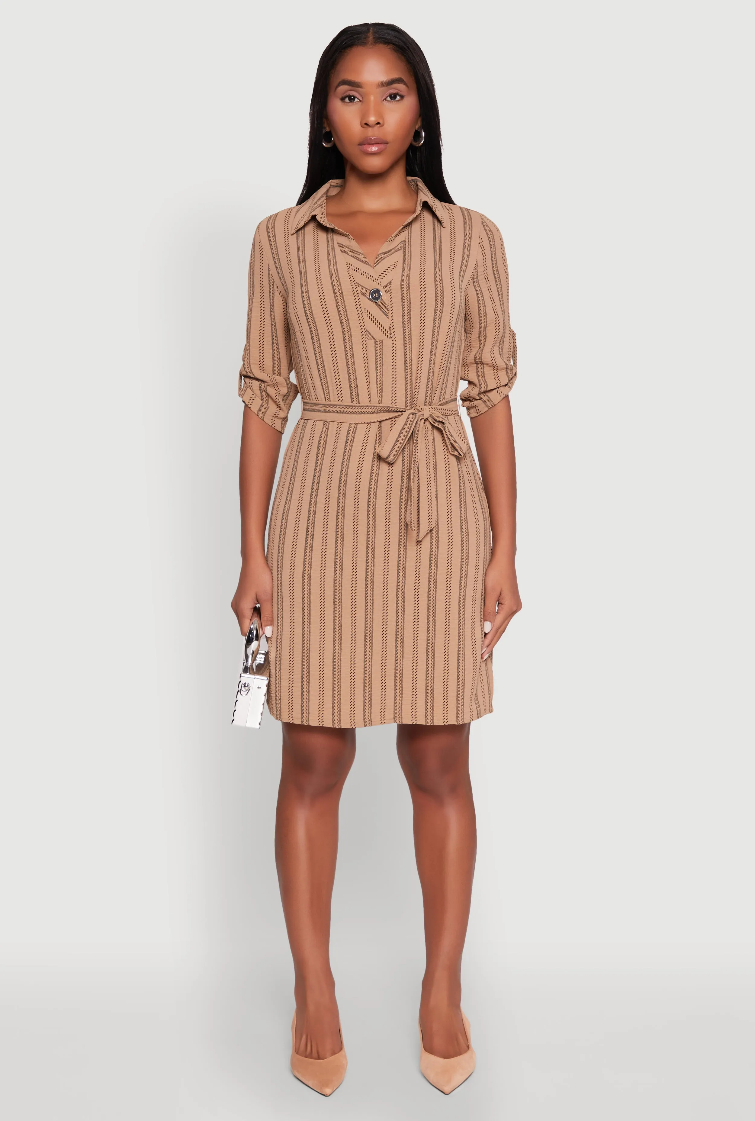 Airy Striped Tie Waist Mini Shirt Dress Sculpted Fit