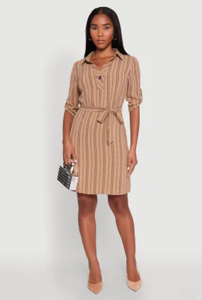 Airy Striped Tie Waist Mini Shirt Dress Side-Pocket