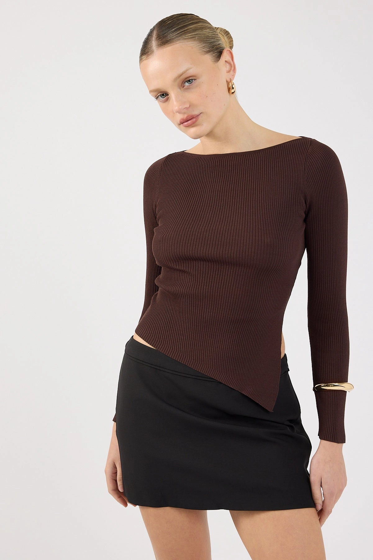 Perfect Stranger Long Sleeve Asymmetrical Rib Knit Top Brown Party - Wear