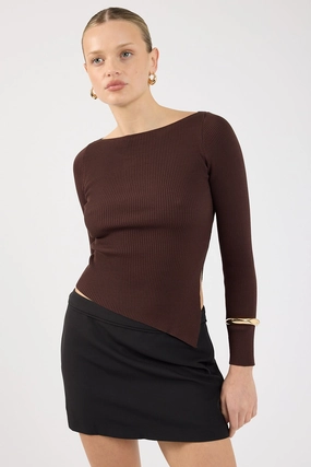 Perfect Stranger Long Sleeve Asymmetrical Rib Knit Top Brown Christmas