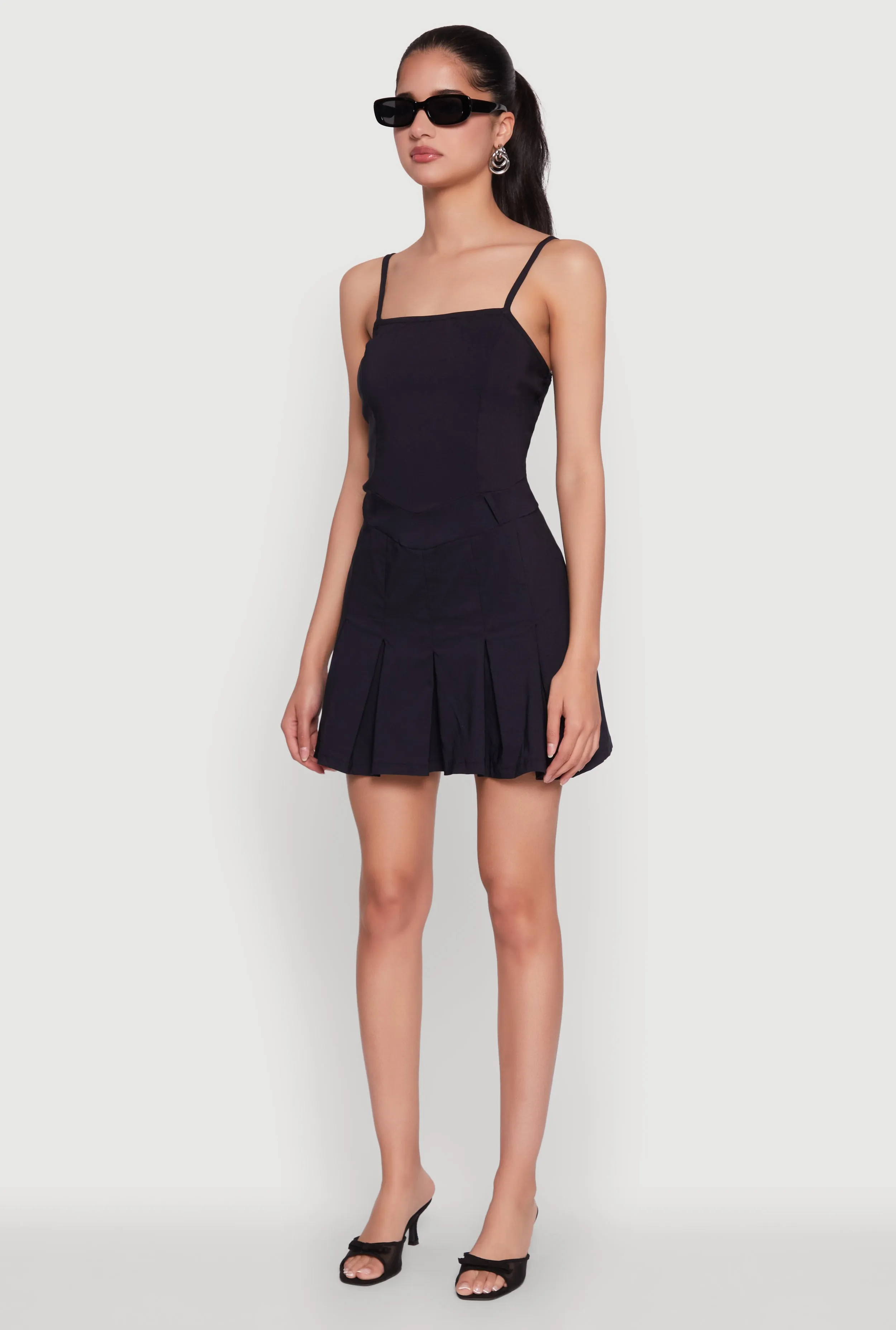 Earth-Tone Sleek And Stylish Square Neck Pleated Skater Dress