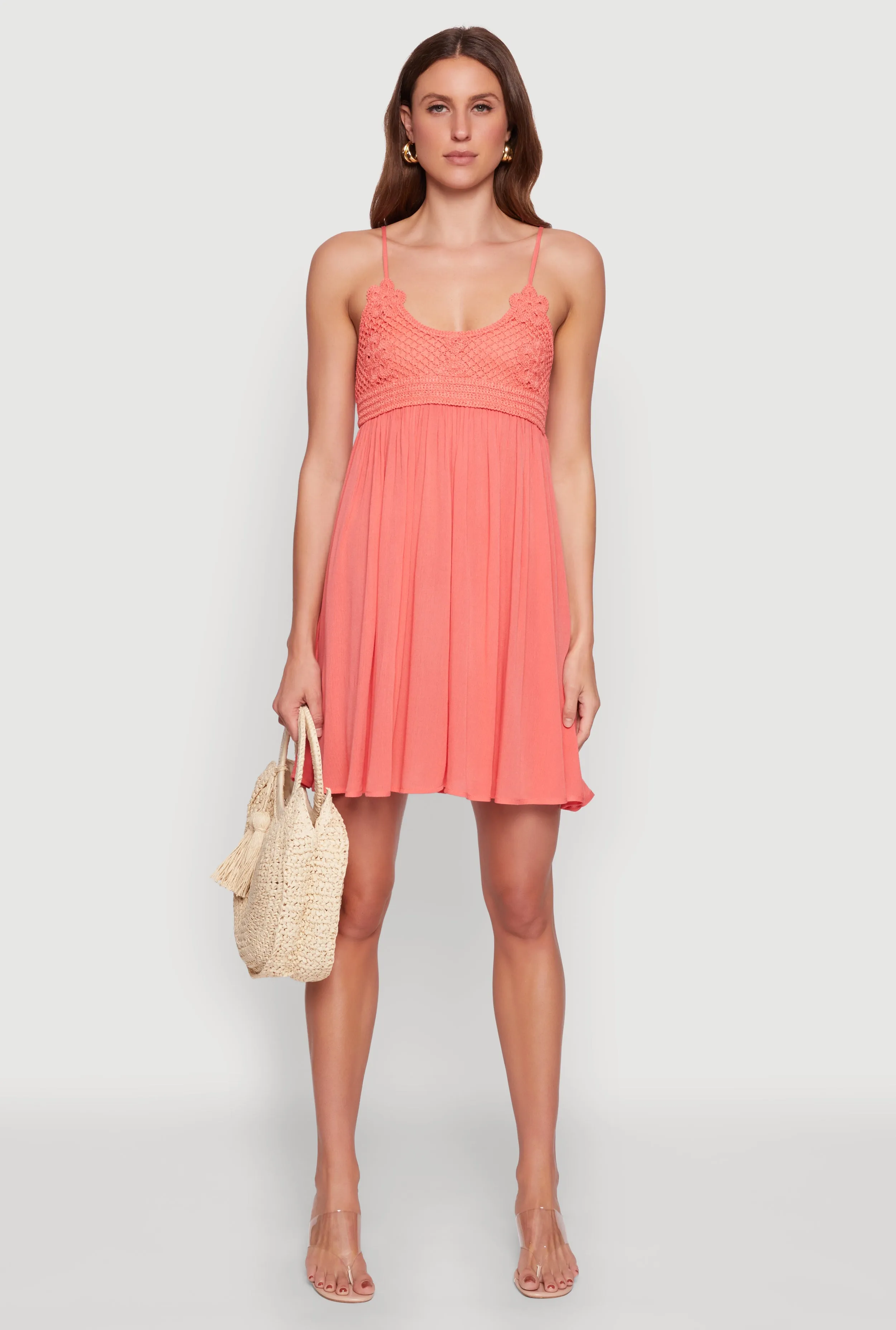 Floral Crochet Detail Empire Waist Mini Dress Flexible Style