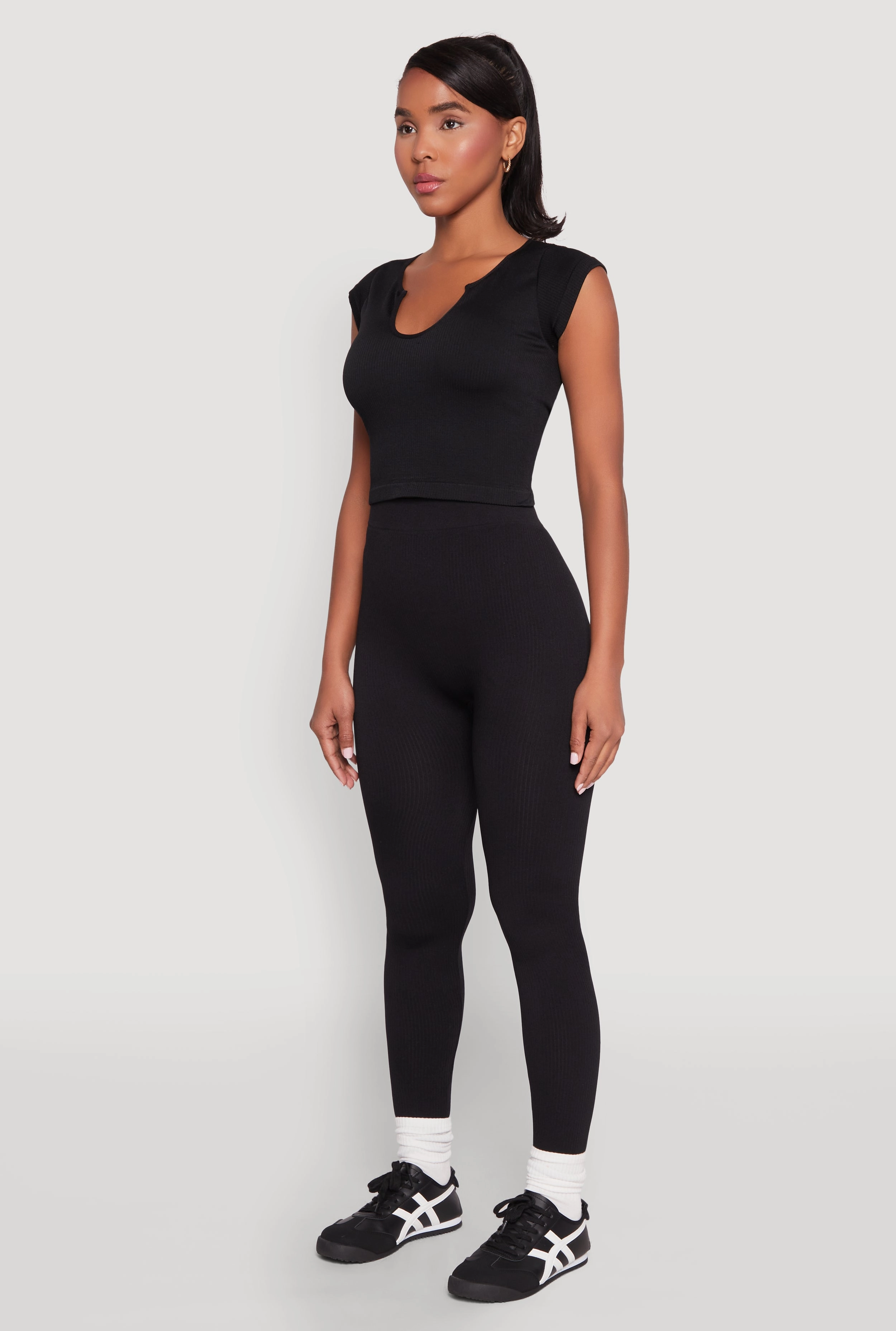 High Waisted Rib Knit Leggings Reflective Logo Detail