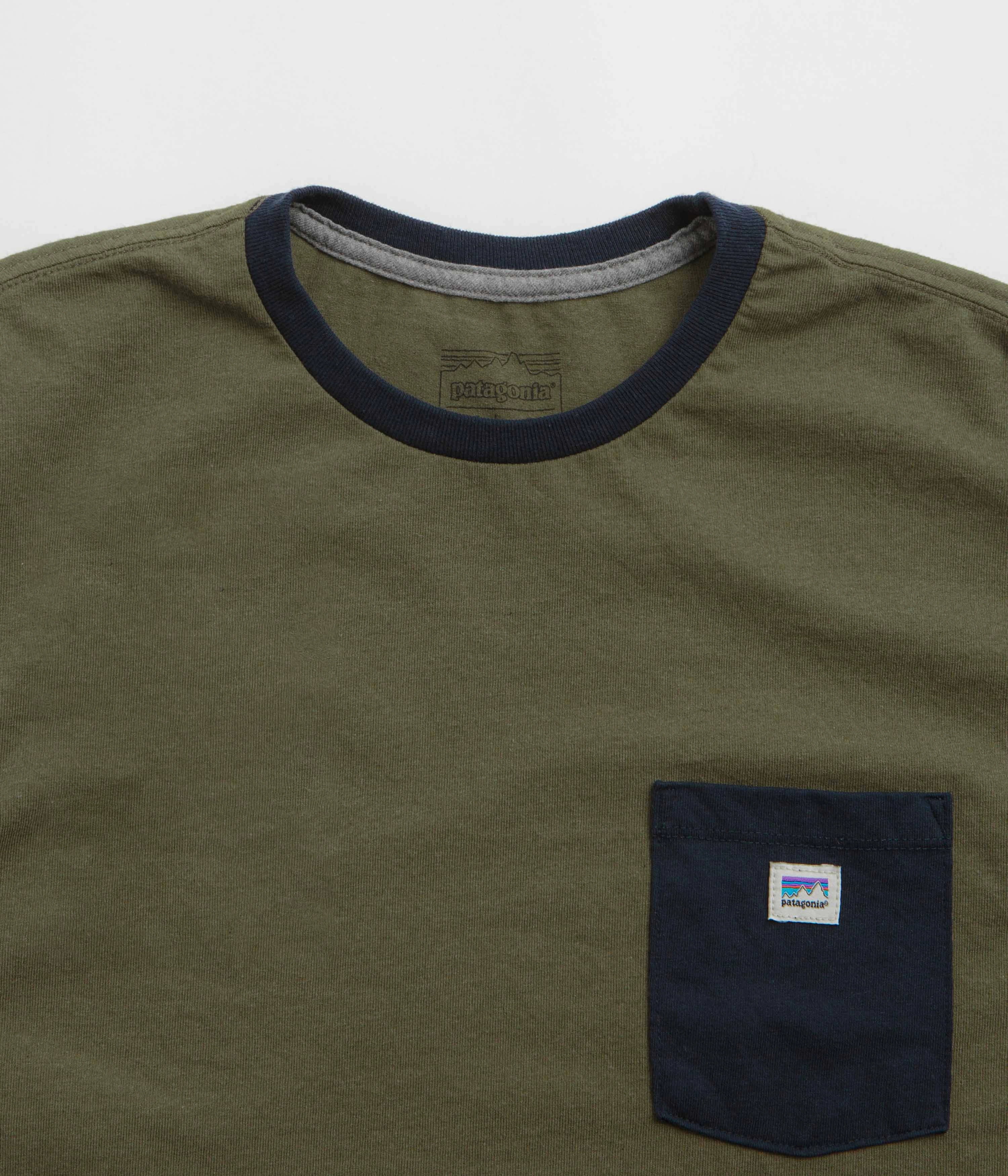 Patagonia Shop Sticker Pocket Responsibili-Tee T-Shirt - Tent Green regular but not boring Fashion Essential
