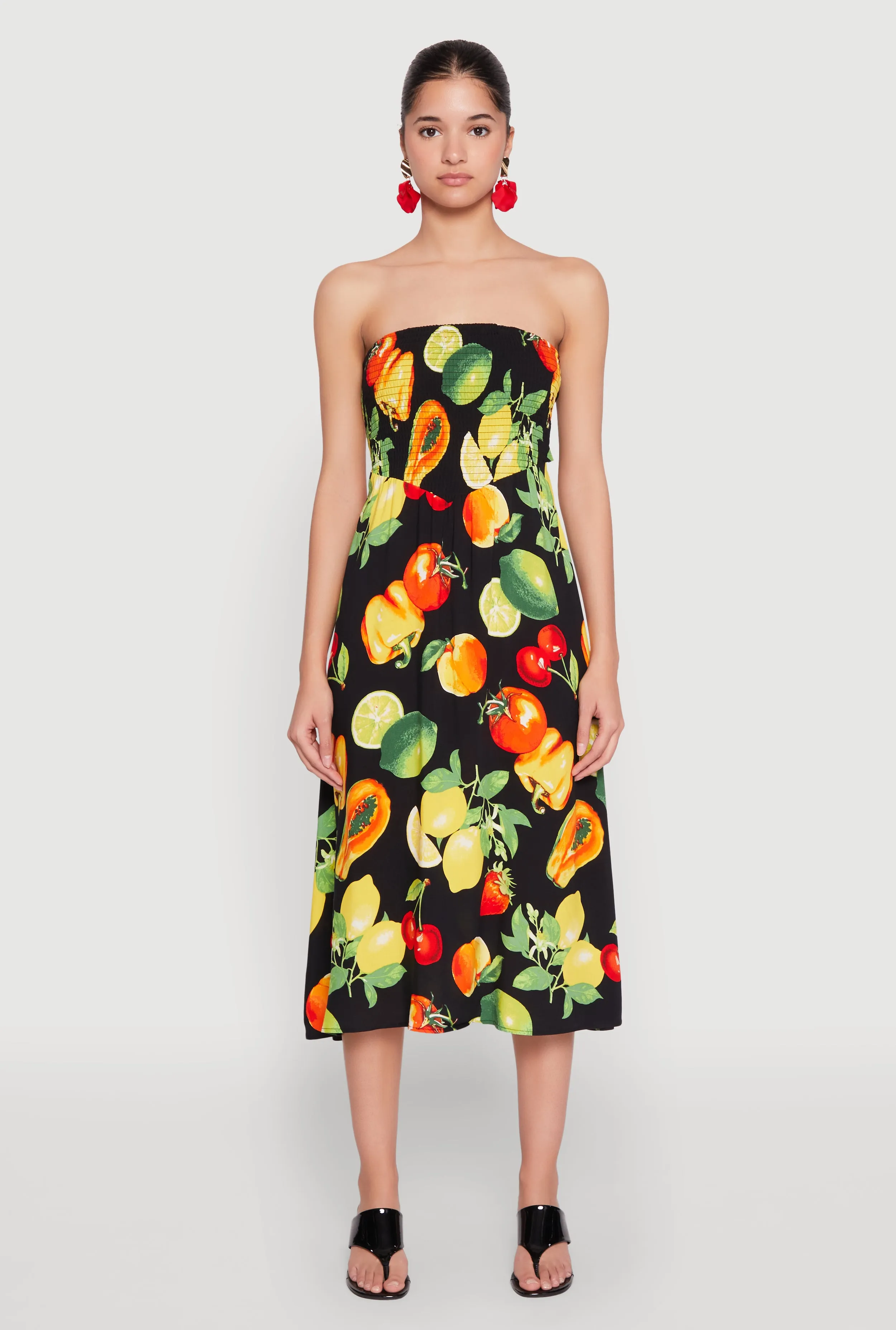 Day Glow Almost Famous Assorted Fruit Smocked Dress