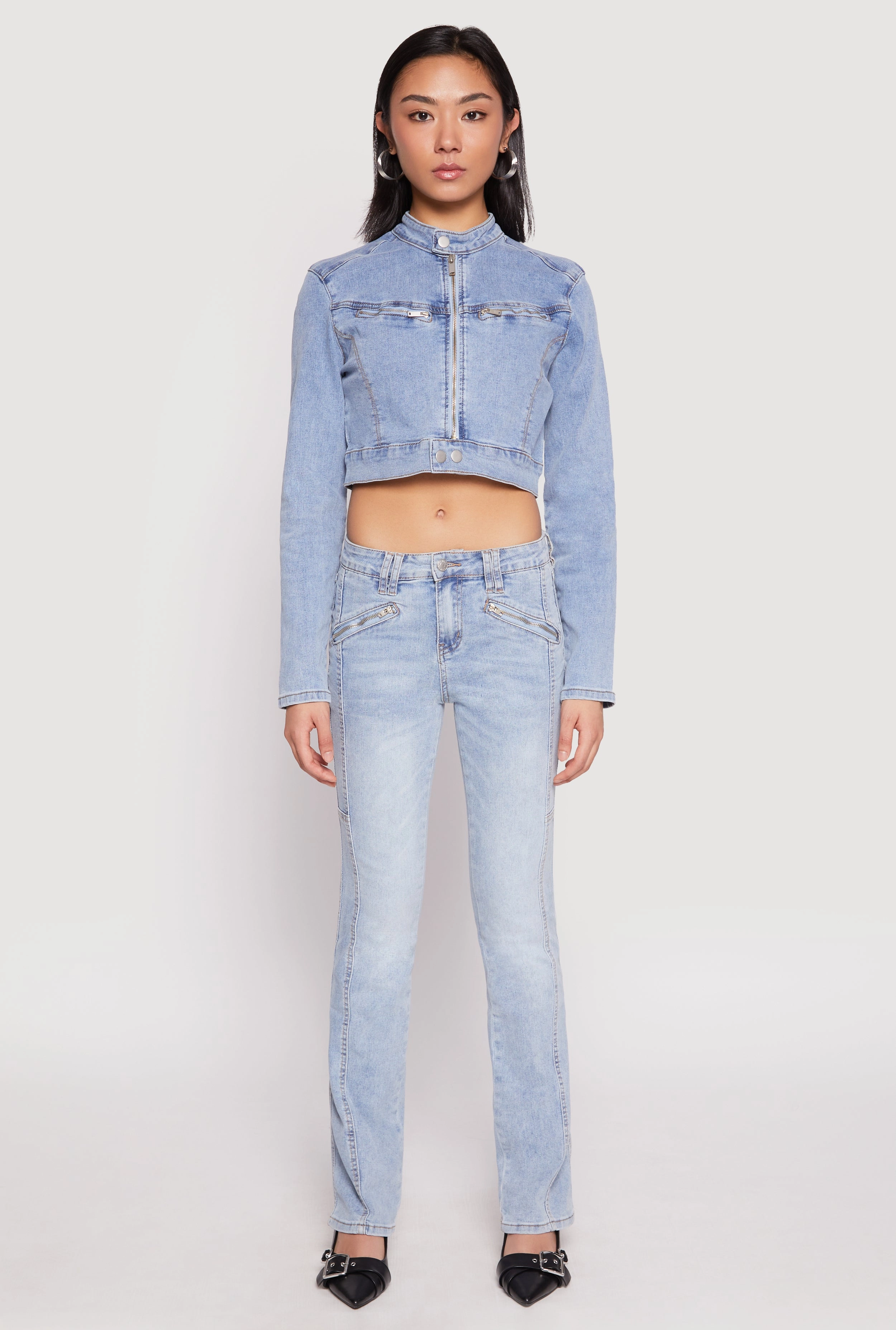 Travel Street Style Mid Length Cut Almost Famous Denim Moto Cropped Jacket