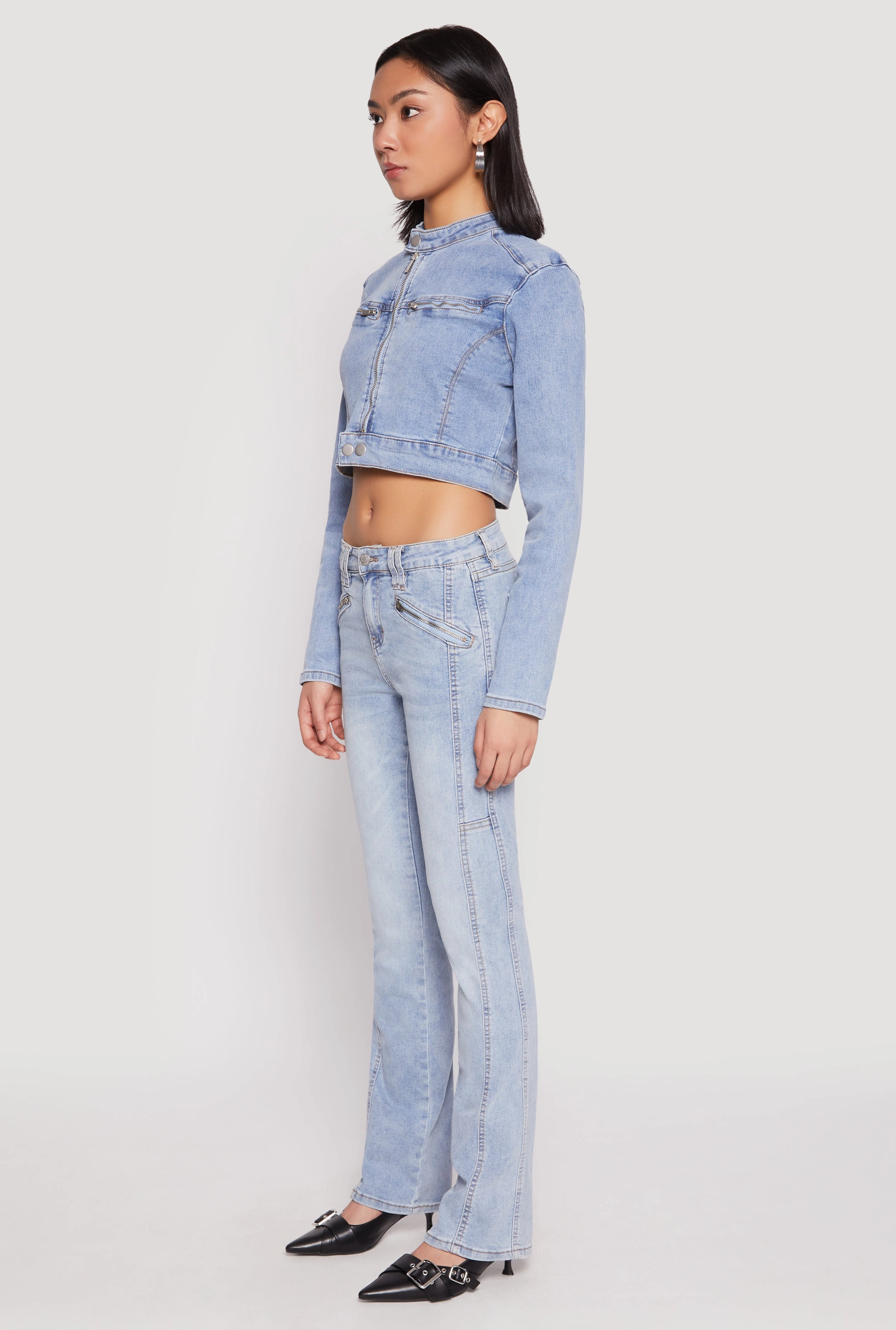Almost Famous Denim Moto Cropped Jacket Classic Fit Snag Free Knit