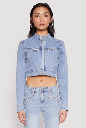 Almost Famous Denim Moto Cropped Jacket Abrasion Resistant Panels MagneticClosure