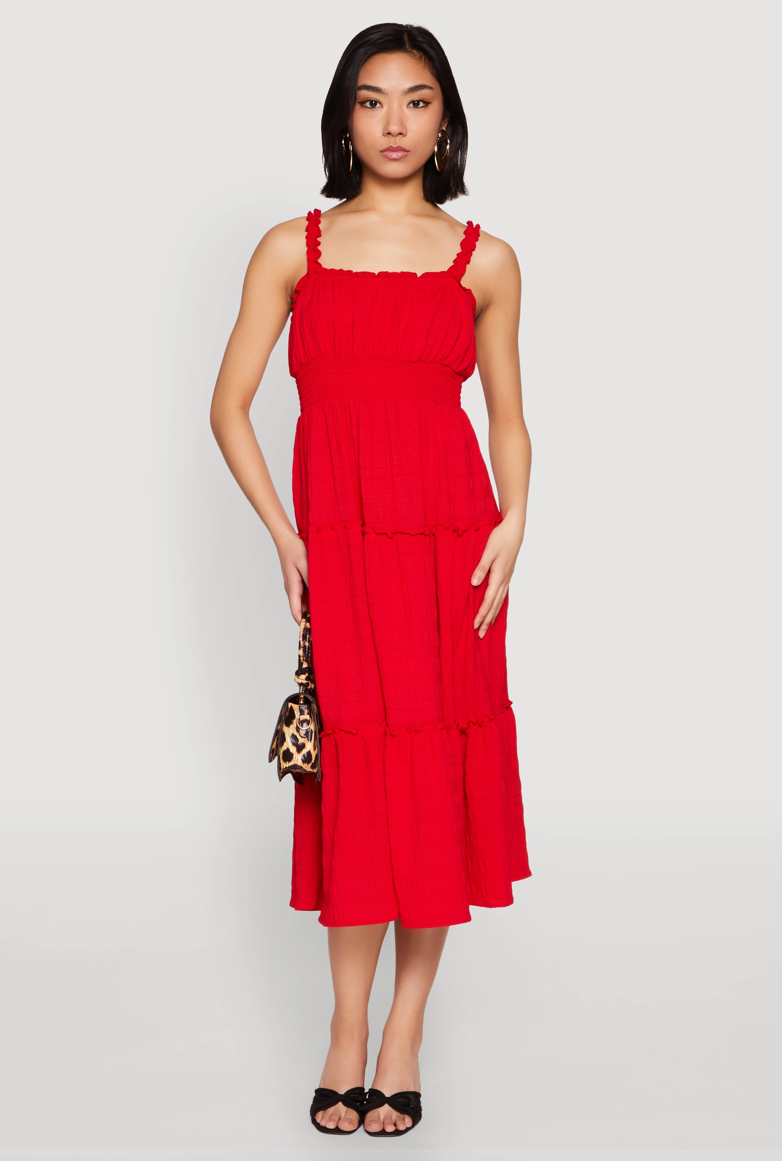 Almost Famous Smocked Empire Waist Tiered Dress Flowing Fit