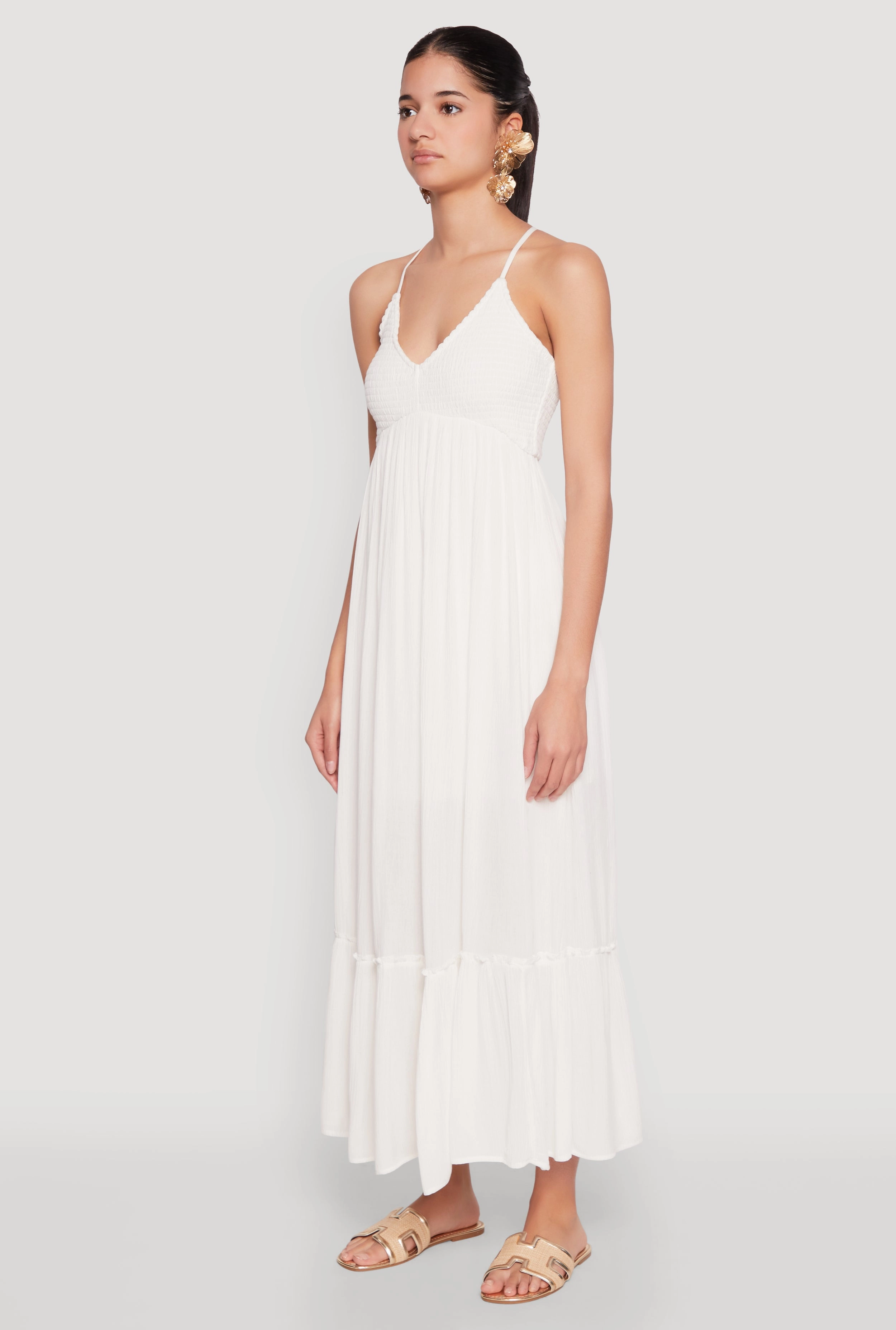 Almost Famous Smocked O Ring Tiered Maxi Dress Lightweight-Lining