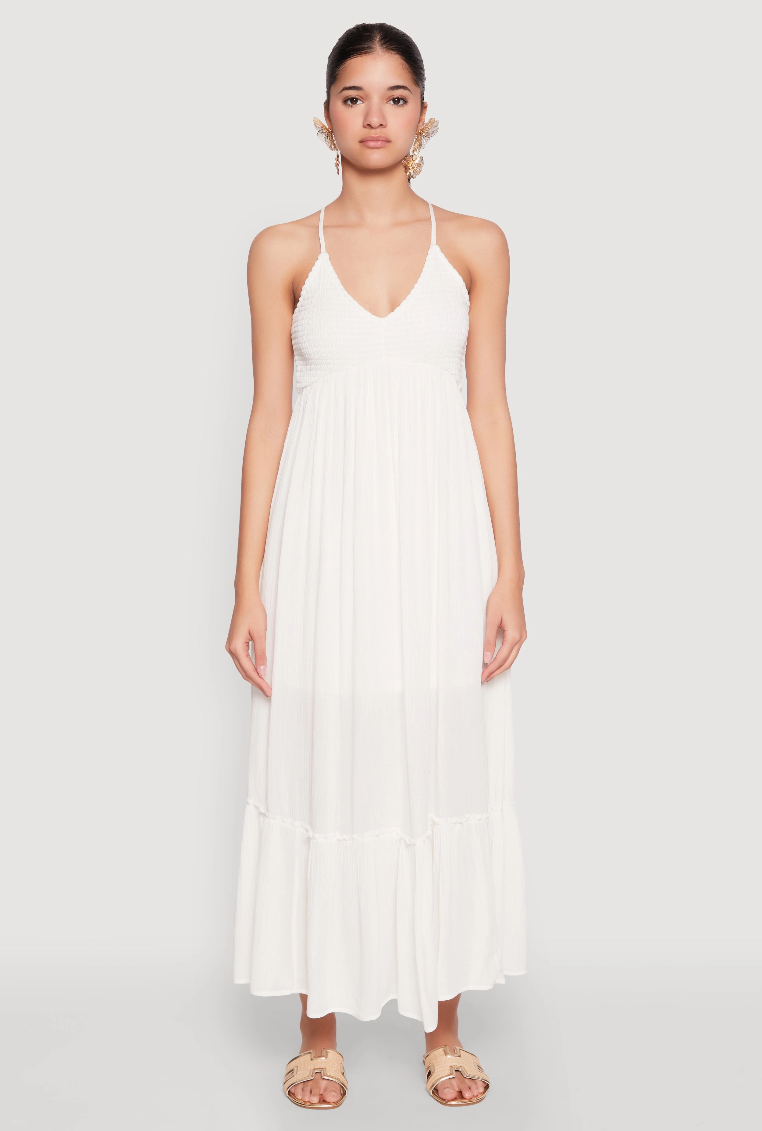 Almost Famous Smocked O Ring Tiered Maxi Dress Artistic Shape Side-Slit