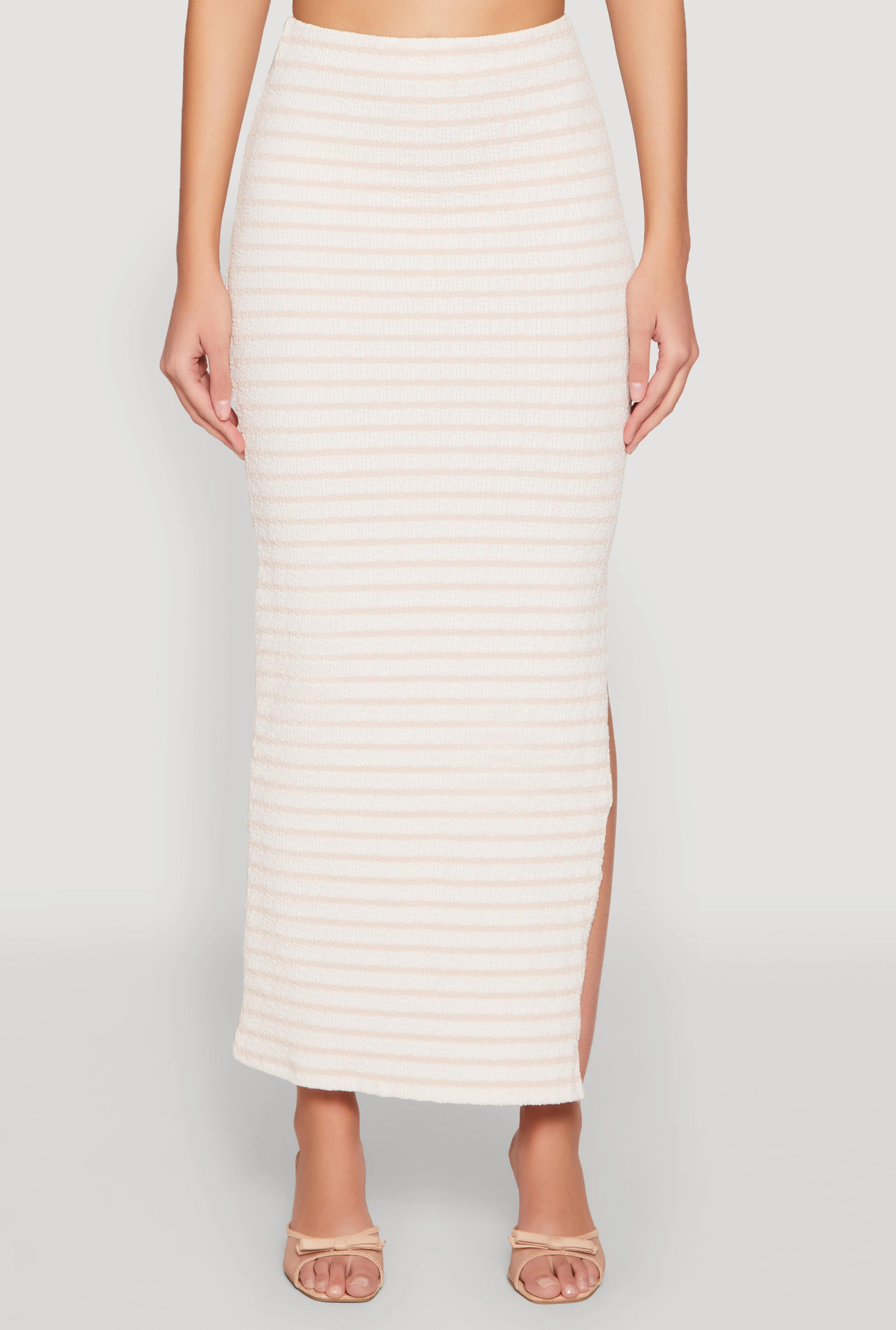 Almost Famous Striped Side Slit Skirt Anti Static Lining Fringe Detail