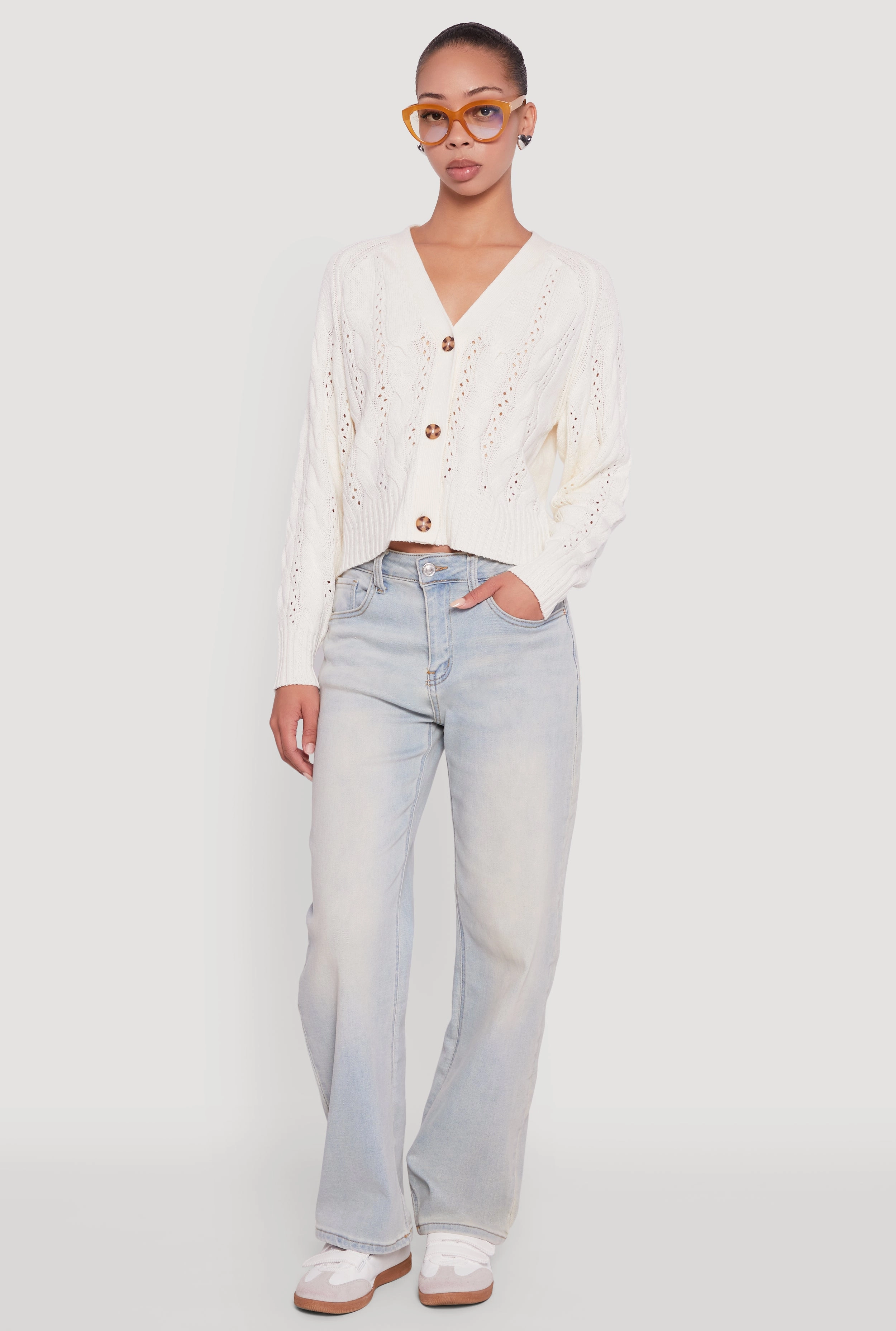 Pointelle Detail Cable Knit Button Front Cardigan Basic Layering Biodegradable Fiber Option
