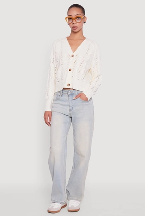 Pointelle Detail Cable Knit Button Front Cardigan Basic Layering Biodegradable Fiber Option