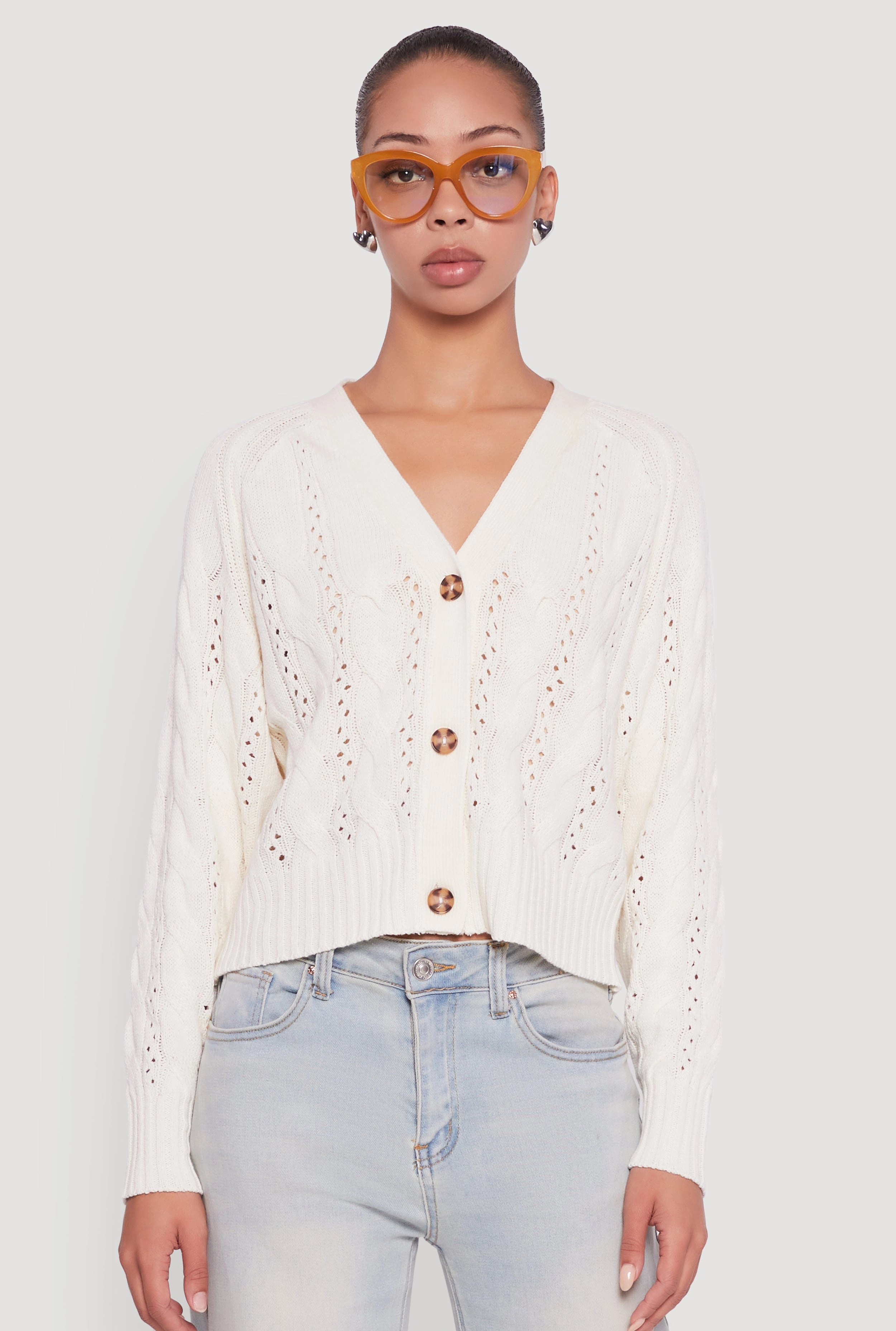 gothic Pointelle Detail Cable Knit Button Front Cardigan