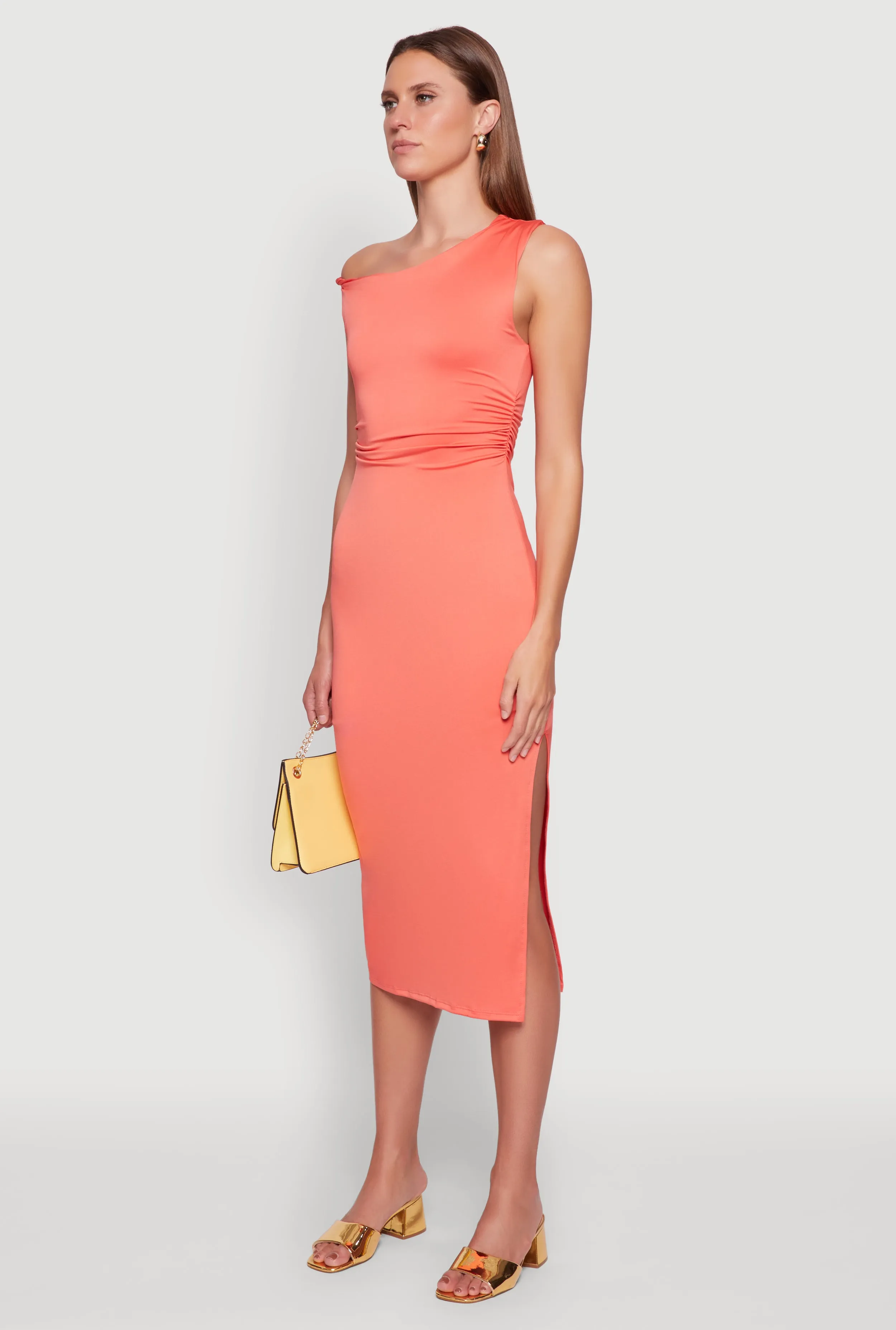 Asymmetrical Neckline Ruched Bodycon Dress with Side Slit Street Mode Warranty-Included