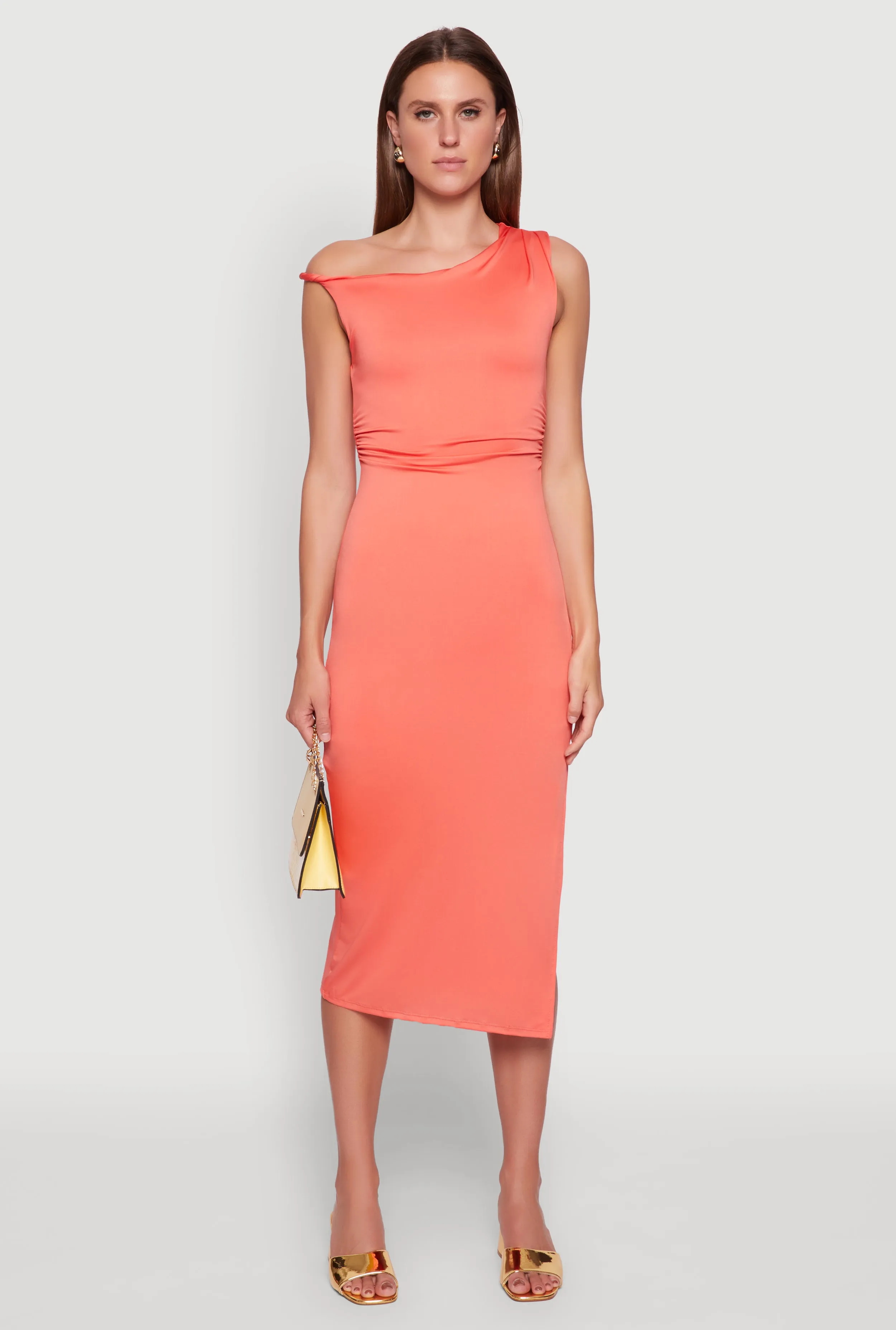 Vibrant Aesthetic Asymmetrical Neckline Ruched Bodycon Dress with Side Slit