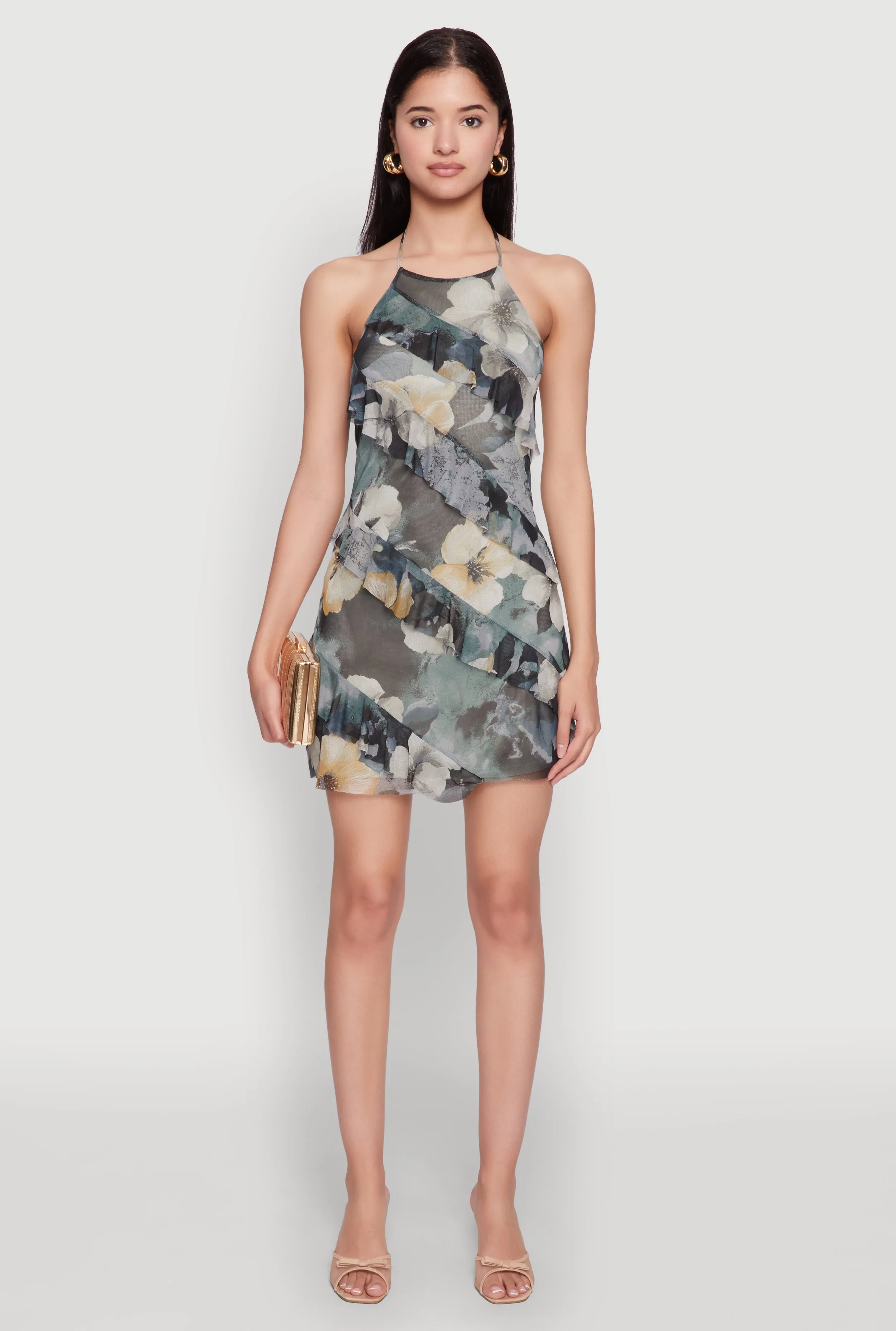 Sweetheart Cut Asymmetrical Ruffle Floral Halter Mini Dress