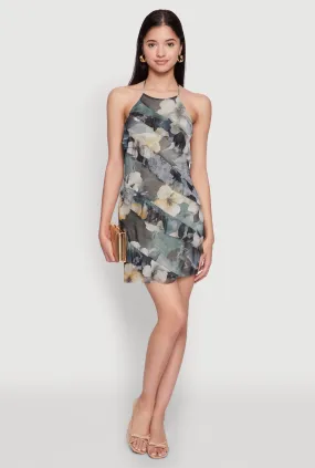 Tall Girl Modern Finish Asymmetrical Ruffle Floral Halter Mini Dress