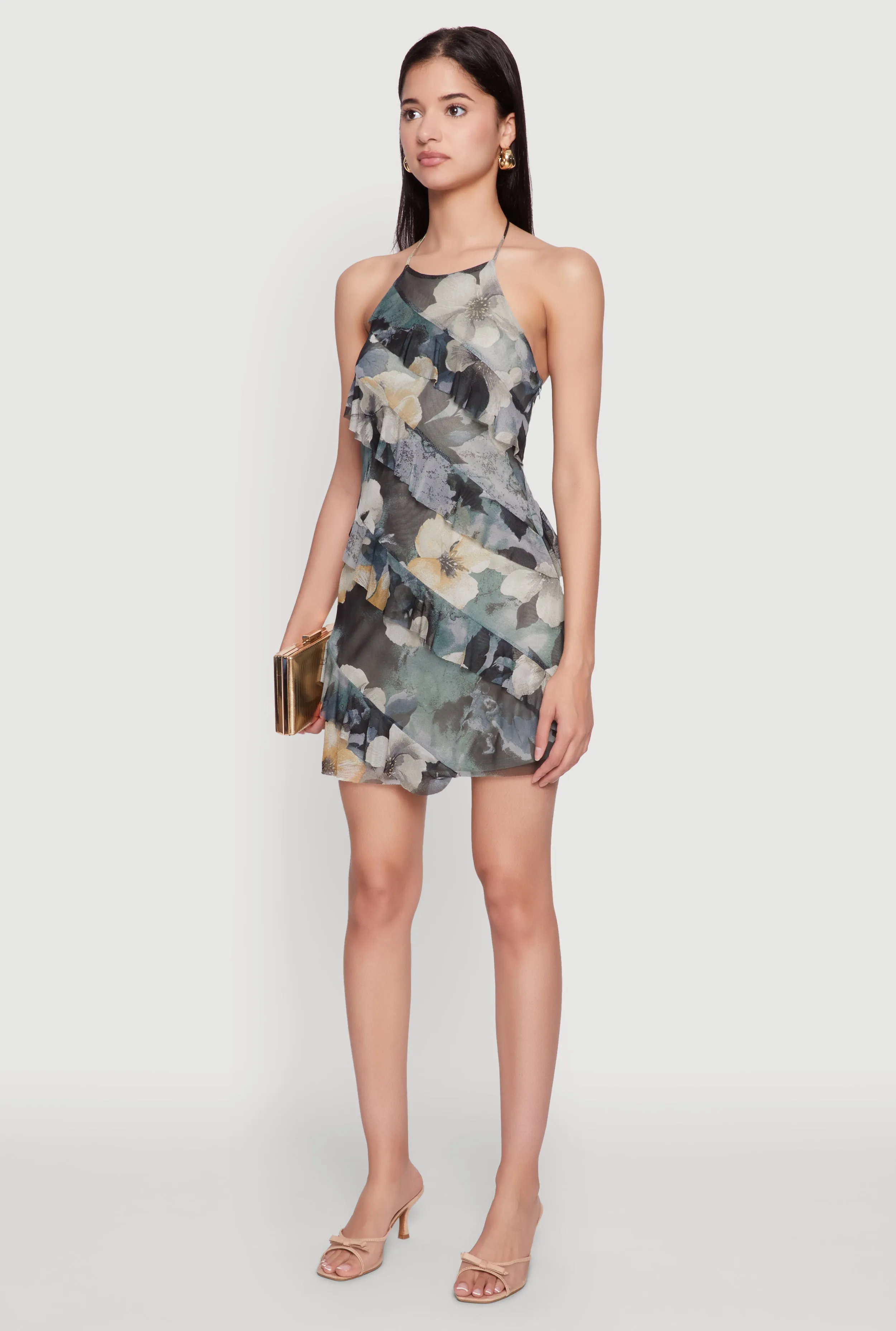 french chic Asymmetrical Ruffle Floral Halter Mini Dress